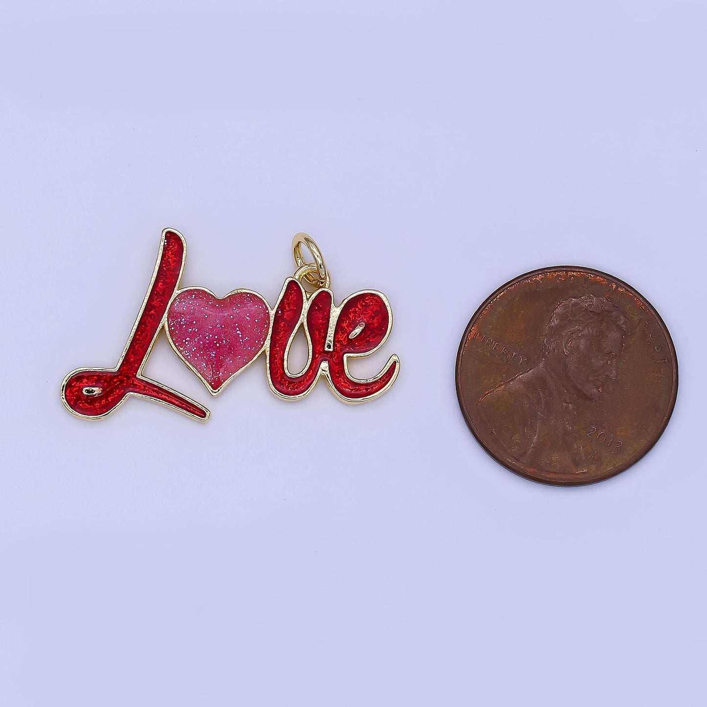 Mini Red Enamel Love Charm in 24K Gold Filled Heart Love Script Word Charm | N-1461