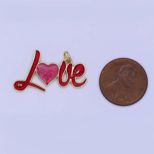 Mini Red Enamel Love Charm in 24K Gold Filled Heart Love Script Word Charm | N-1461