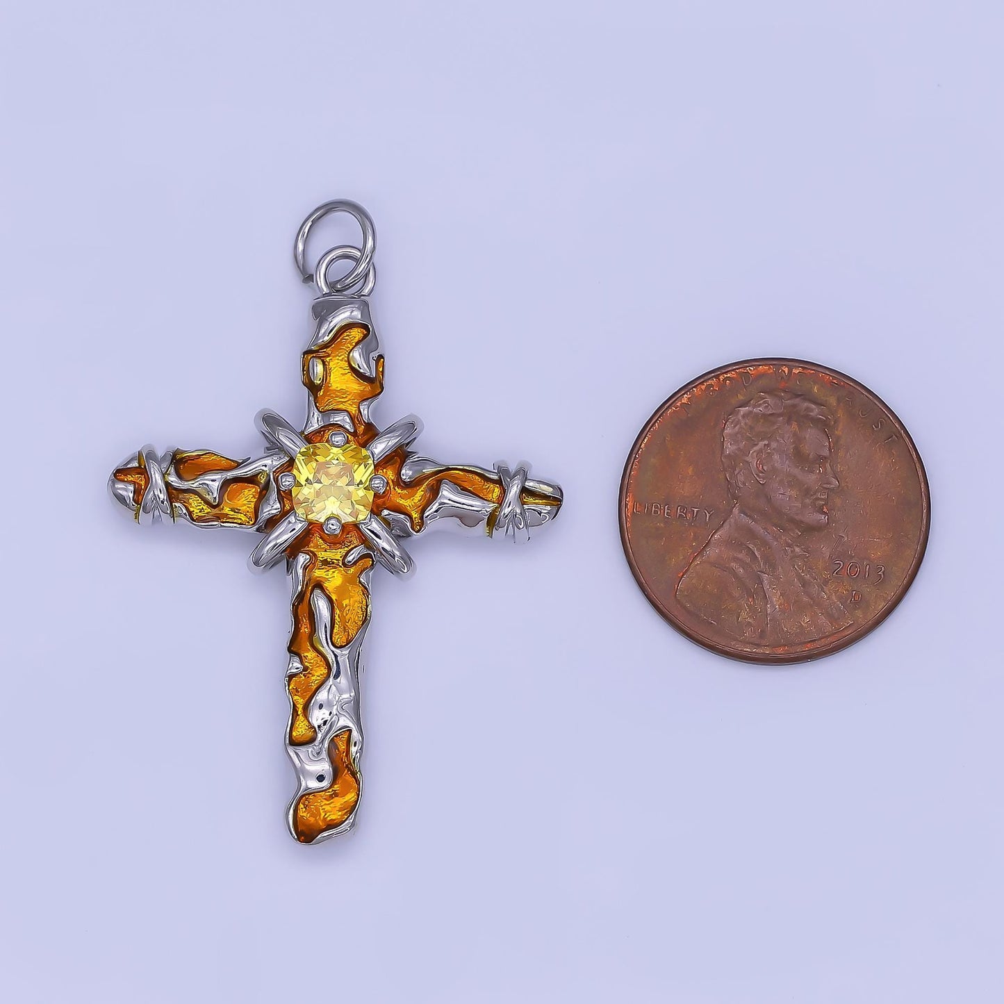 Dainty Silver Cross Pendant Orange Enamel Fire Cross Religious Pendant Charm | AF-510