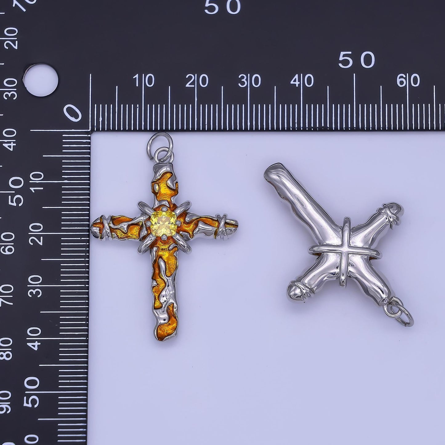 Dainty Silver Cross Pendant Orange Enamel Fire Cross Religious Pendant Charm | AF-510