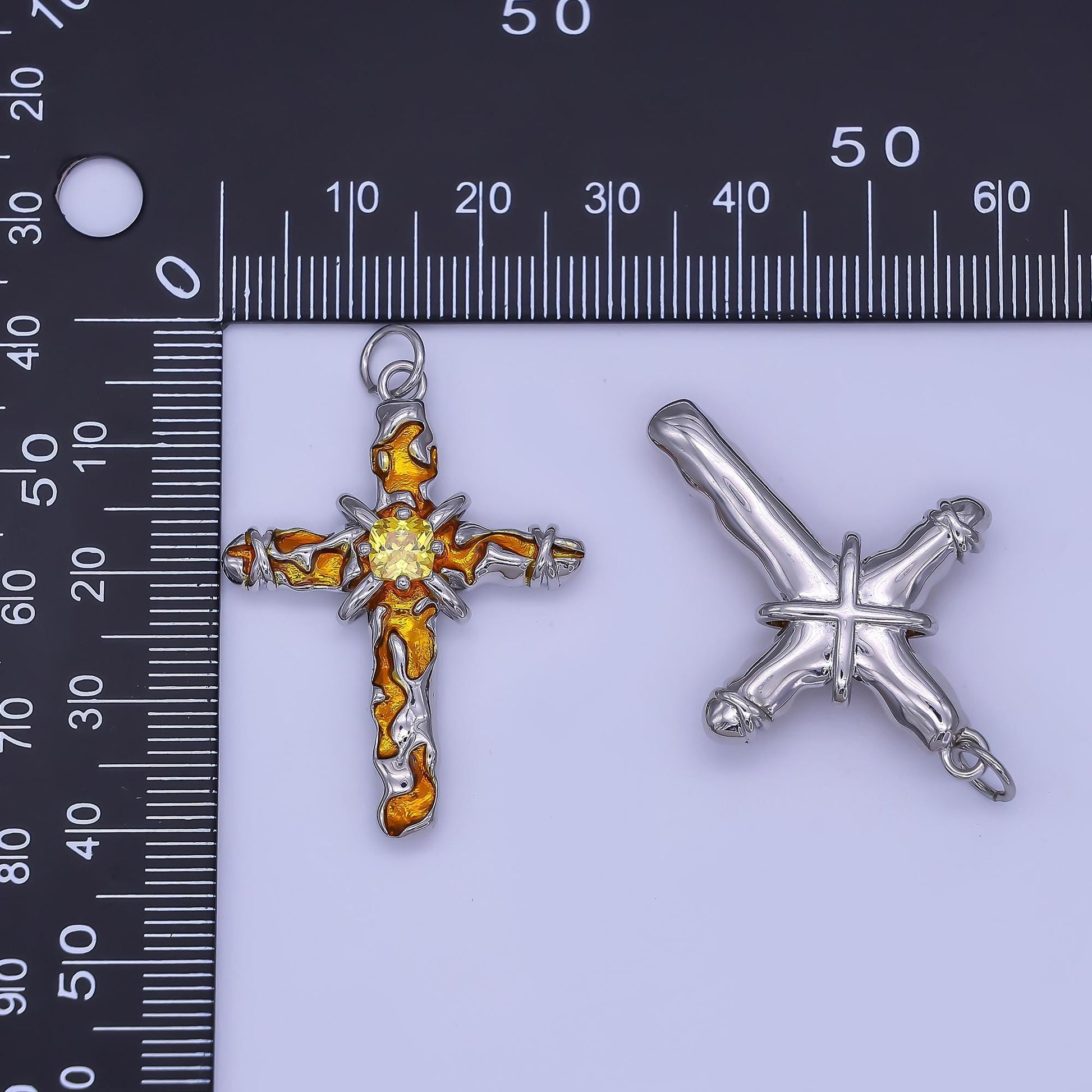 Dainty Silver Cross Pendant Orange Enamel Fire Cross Religious Pendant Charm | AF-510