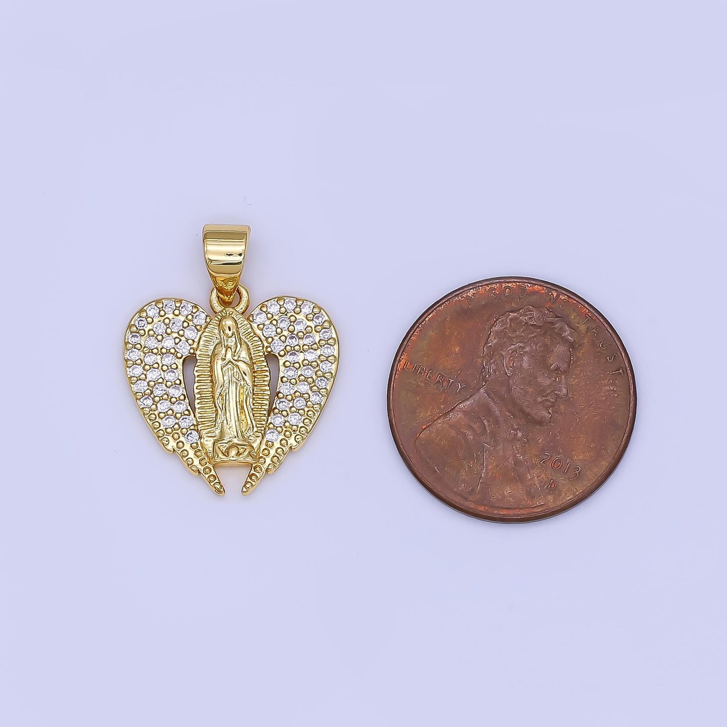 14K Gold Virgin Mary On Heart with Angel Wing Shape Pendant Religious Charm Lady Guadalupe Pave Pendant, Dainty Gold Charm AH-451