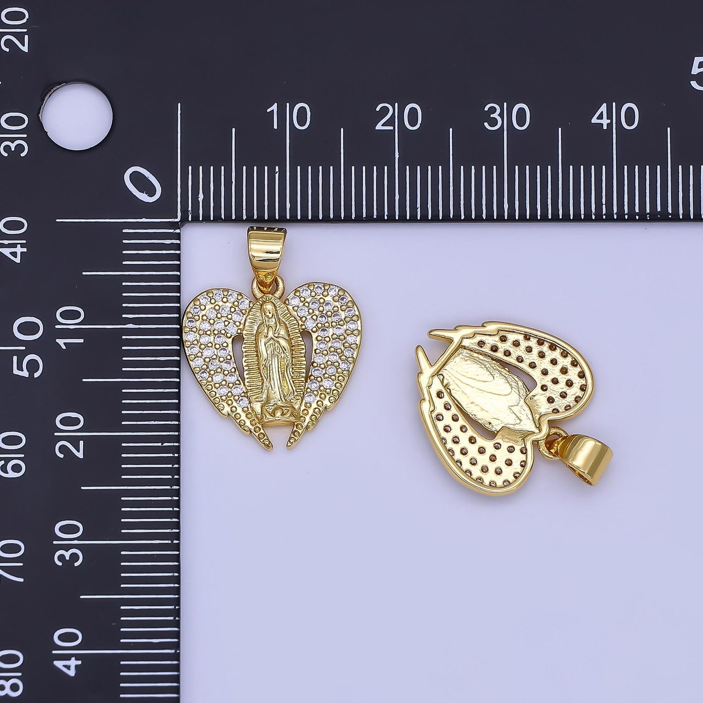 14K Gold Virgin Mary On Heart with Angel Wing Shape Pendant Religious Charm Lady Guadalupe Pave Pendant, Dainty Gold Charm AH-451