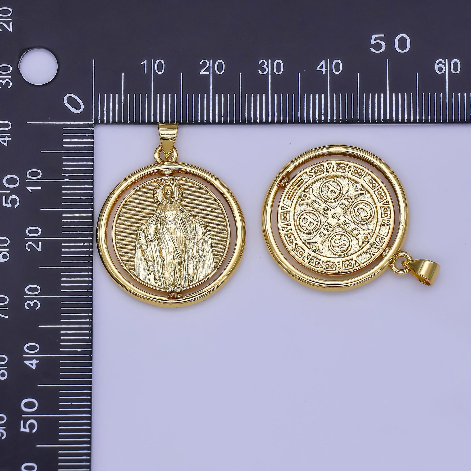 Double Sided 24K Gold Filled Miraculous Lady Round Charm Medallion for Necklace Bracelet Virgin Mary Religious Jewelry Making | AH-453