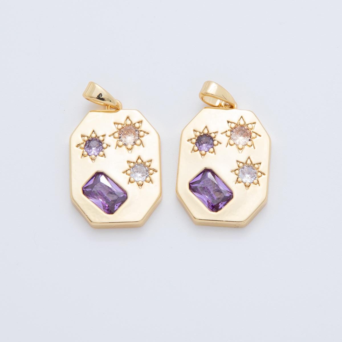 18K Gold Filled Clear Purple Baguette CZ Celestial Sun Rectangular Pendant | AH772