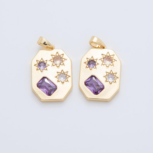 18K Gold Filled Clear Purple Baguette CZ Celestial Sun Rectangular Pendant | AH772