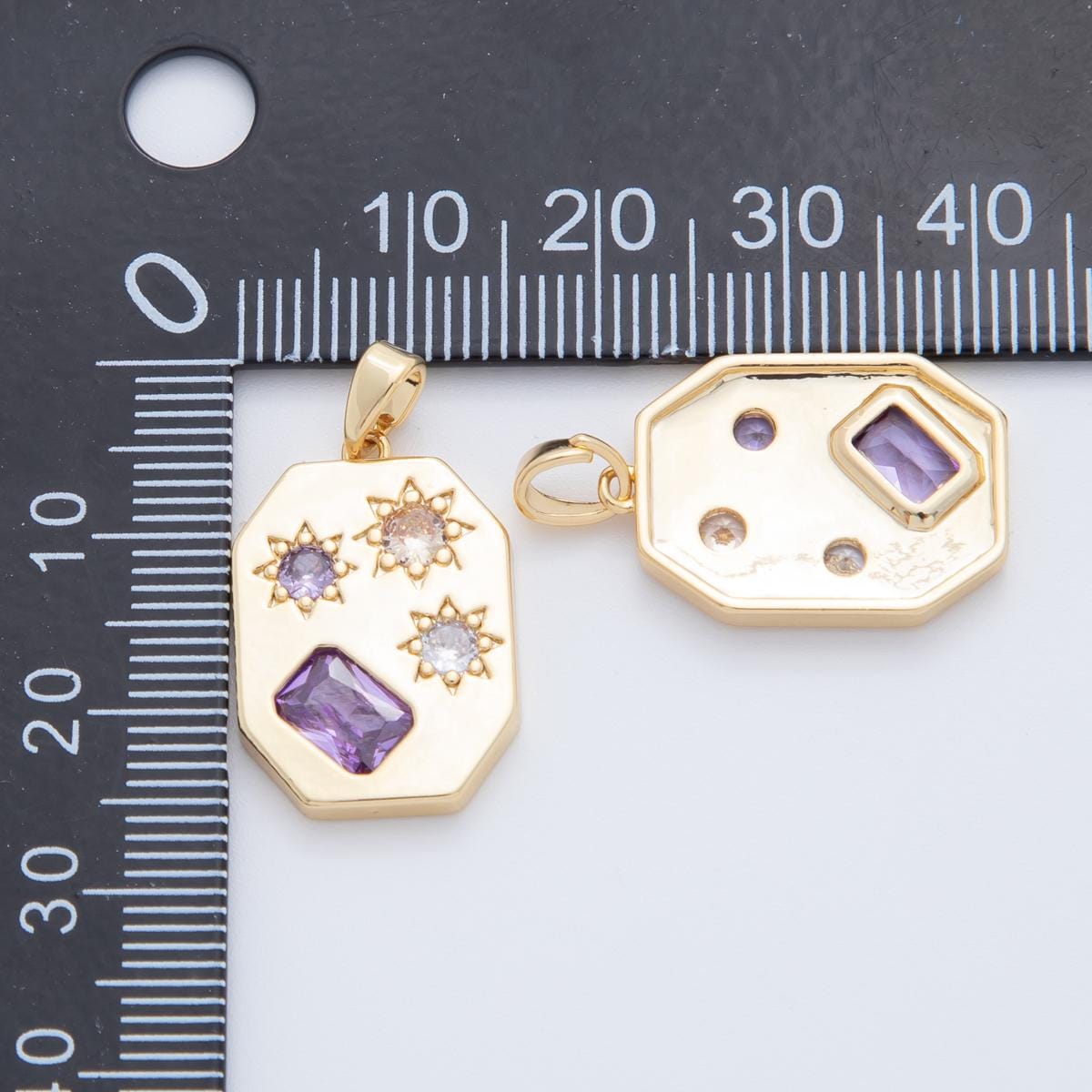 18K Gold Filled Clear Purple Baguette CZ Celestial Sun Rectangular Pendant | AH772