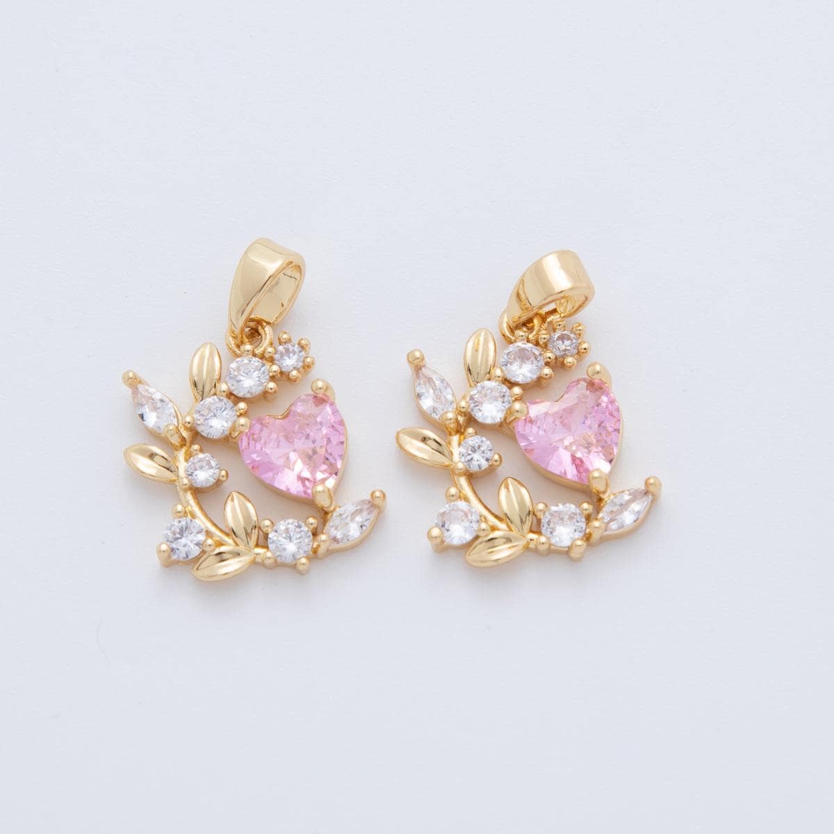 18K Gold Filled Pink CZ Heart Curved Floral Pendant | AH773