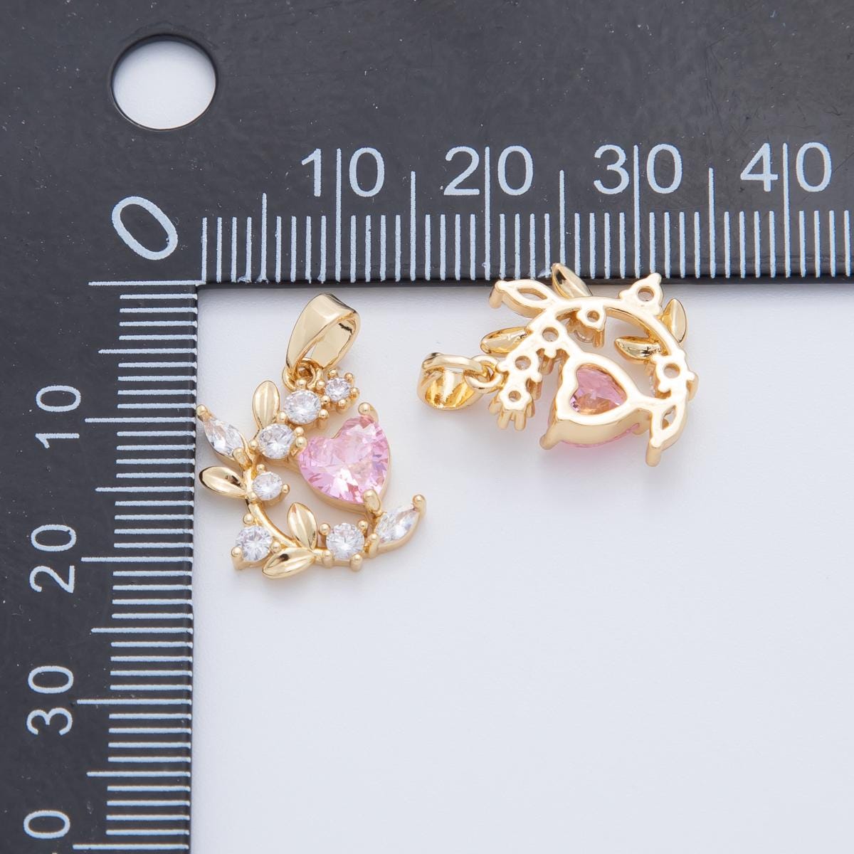 18K Gold Filled Pink CZ Heart Curved Floral Pendant | AH773