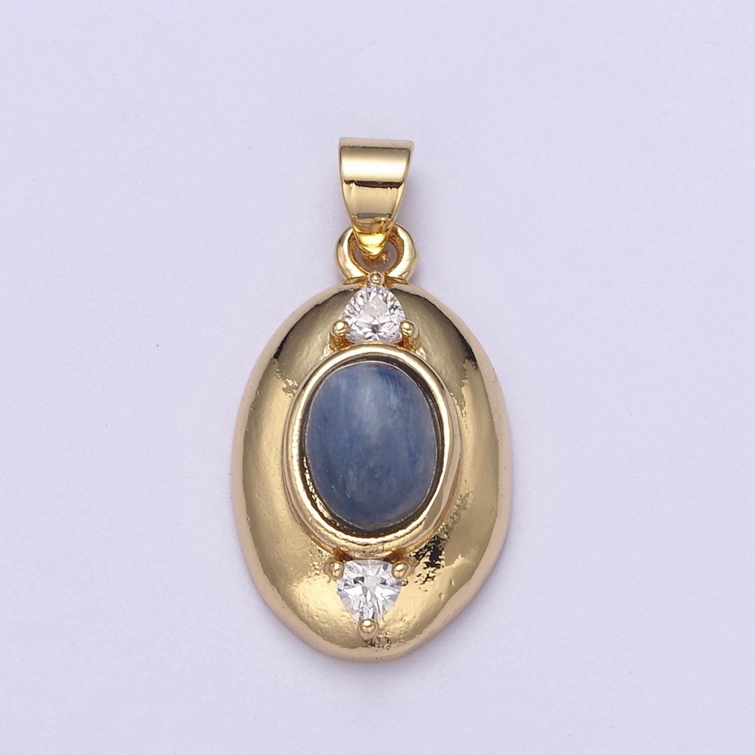 Gold Oval Pendant with Blue Tiger Eye Gemstone For Statement Jewelry Charm H-545