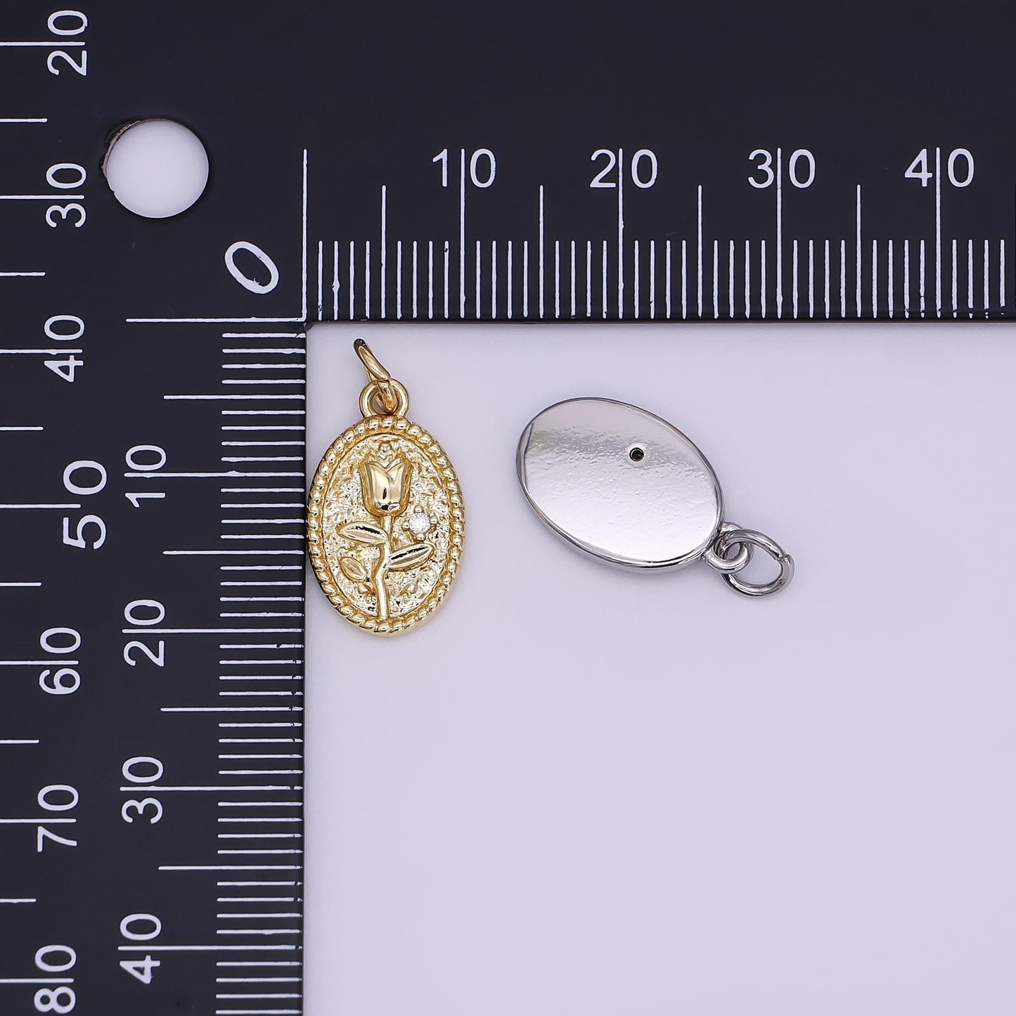 24K Gold Filled Oval Rose Flower Beaded Bezel Charm | N-957