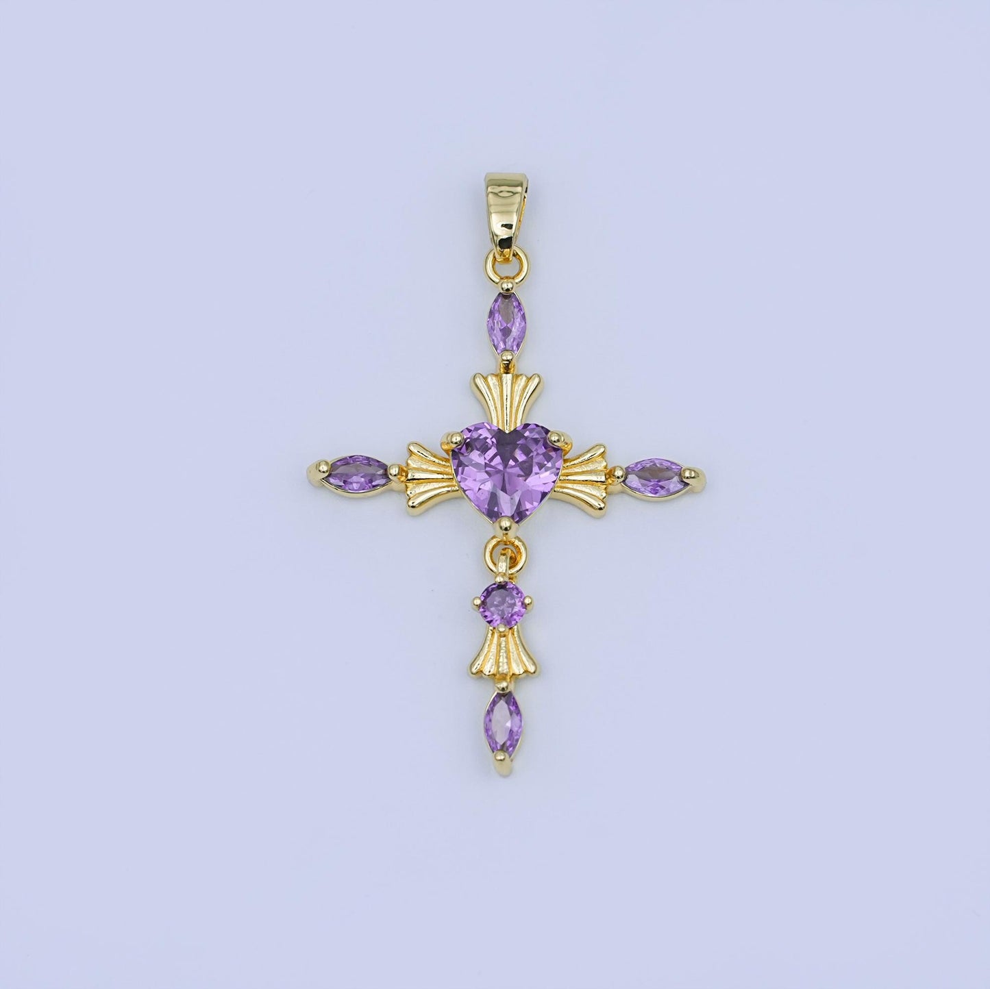 Gold Cross Charm with Heart CZ Center – Elegant Religious Pendant with Marquise Crystals – Gold Filled Necklace or Bracelet Charm AH436