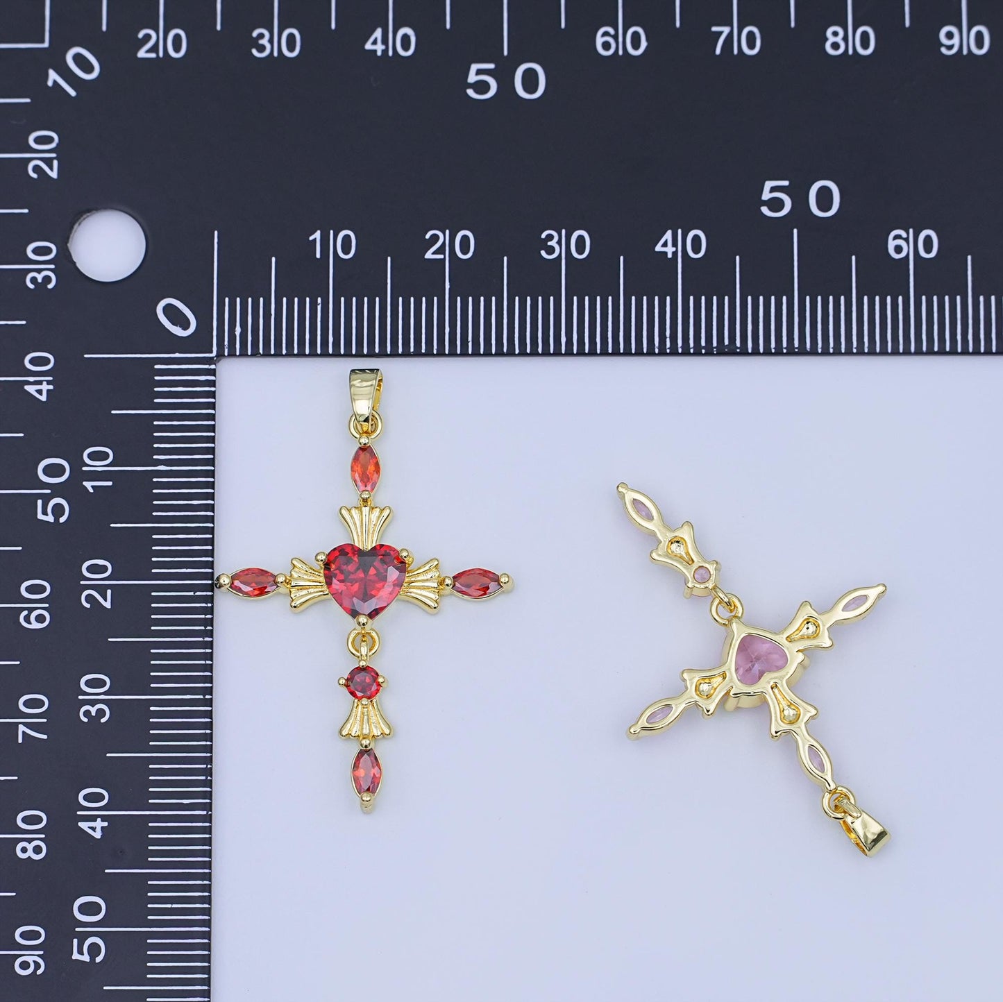 Gold Cross Charm with Heart CZ Center – Elegant Religious Pendant with Marquise Crystals – Gold Filled Necklace or Bracelet Charm AH436