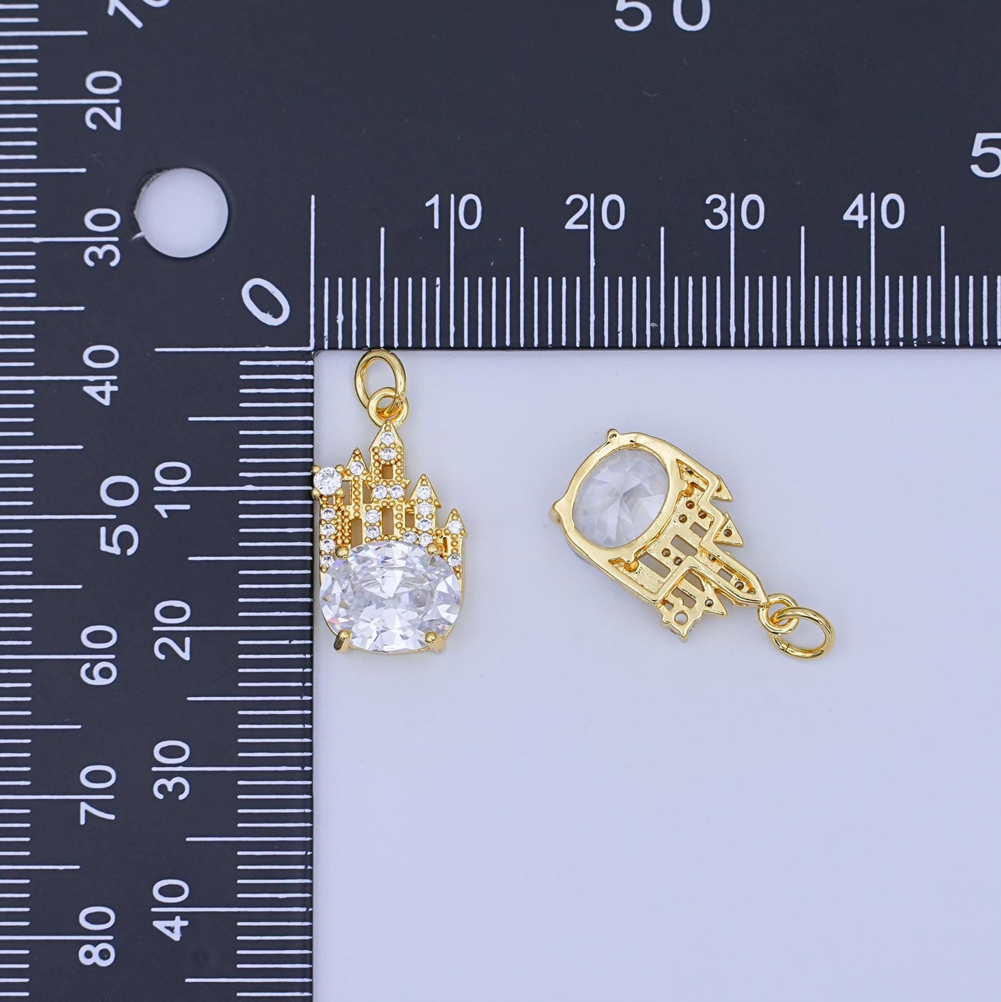 Mini gold Castle charm with Oval CZ Stone Fantasy pendant N-702