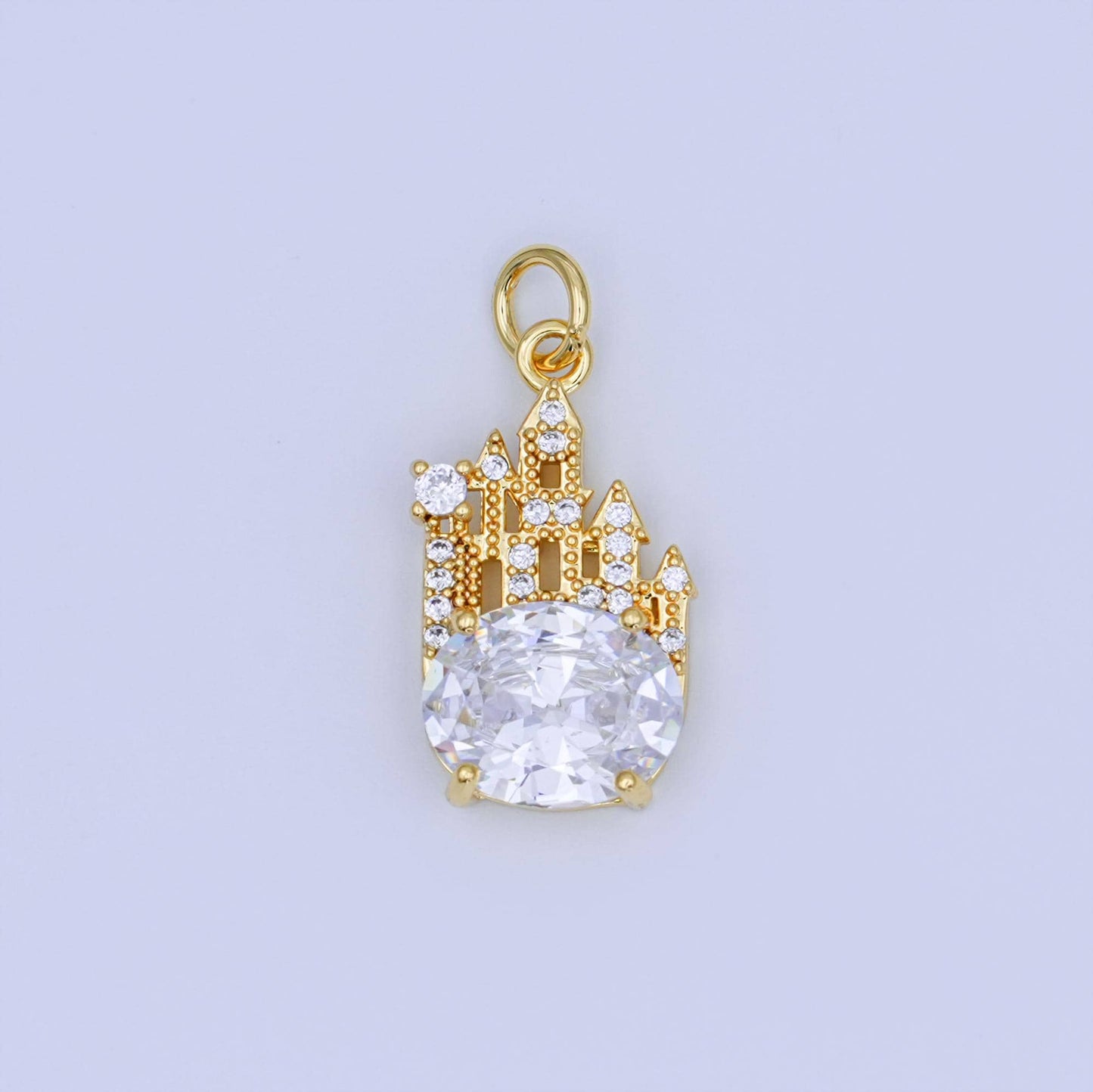 Mini gold Castle charm with Oval CZ Stone Fantasy pendant N-702