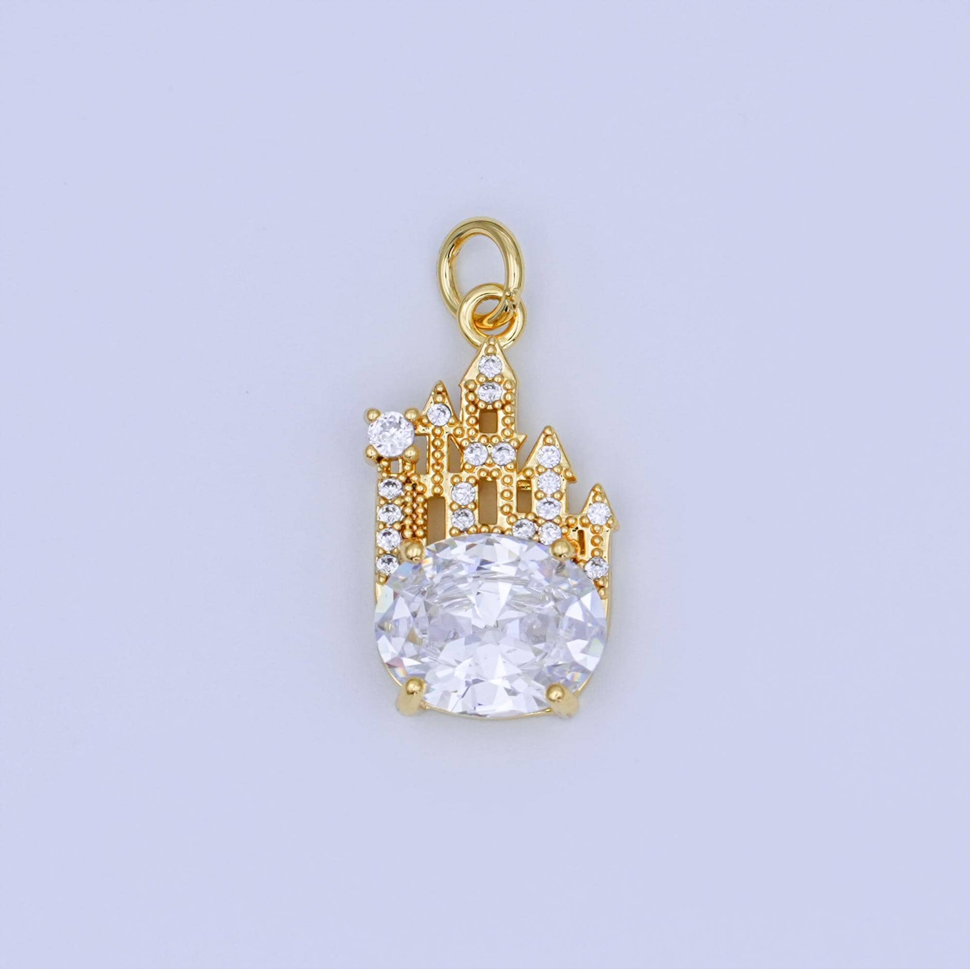 Mini gold Castle charm with Oval CZ Stone Fantasy pendant N-702