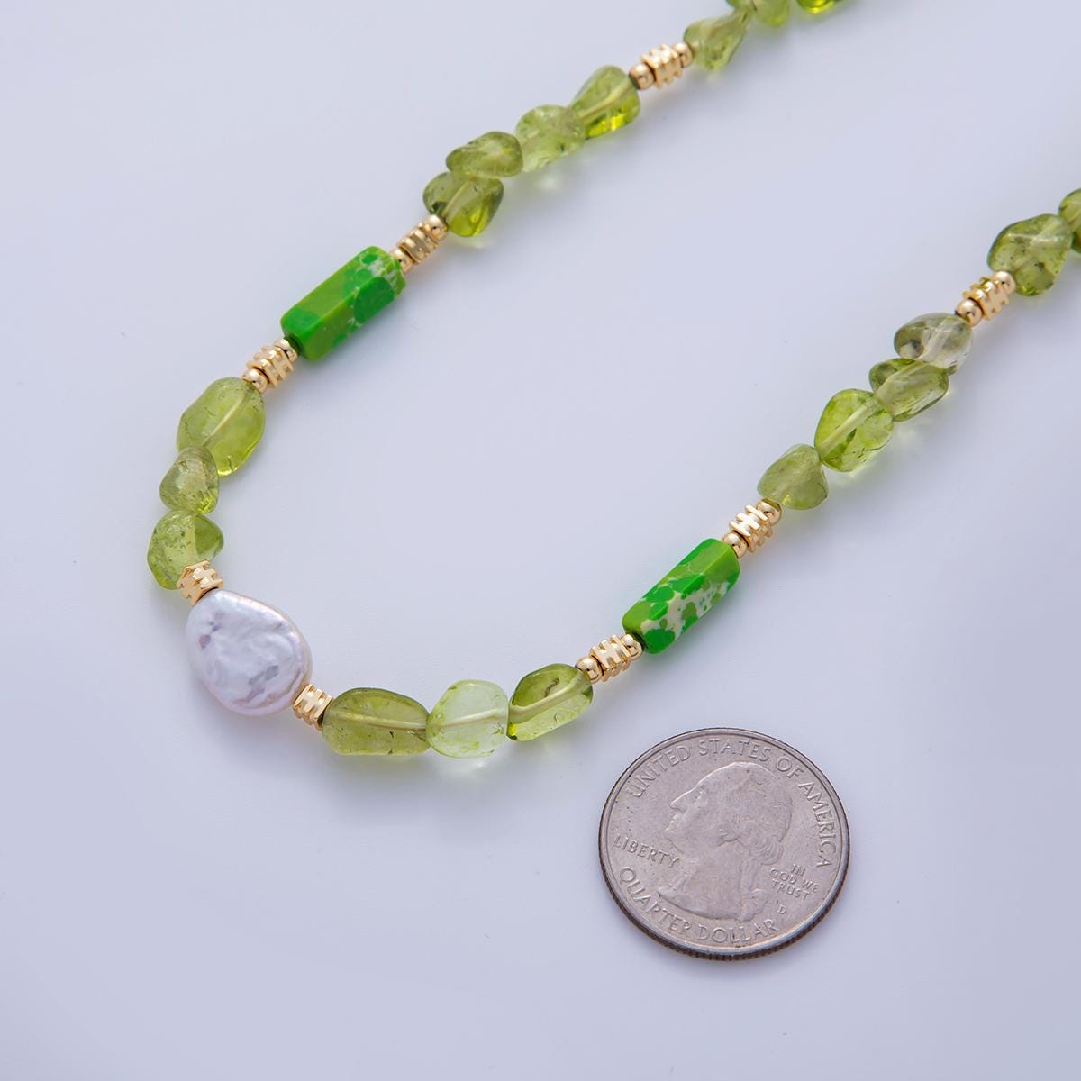 16K Gold Filled Freshwater Pearl Peridot Green Gemstone 16 Inch Handmade Beaded Cluster Necklace | WA-3179