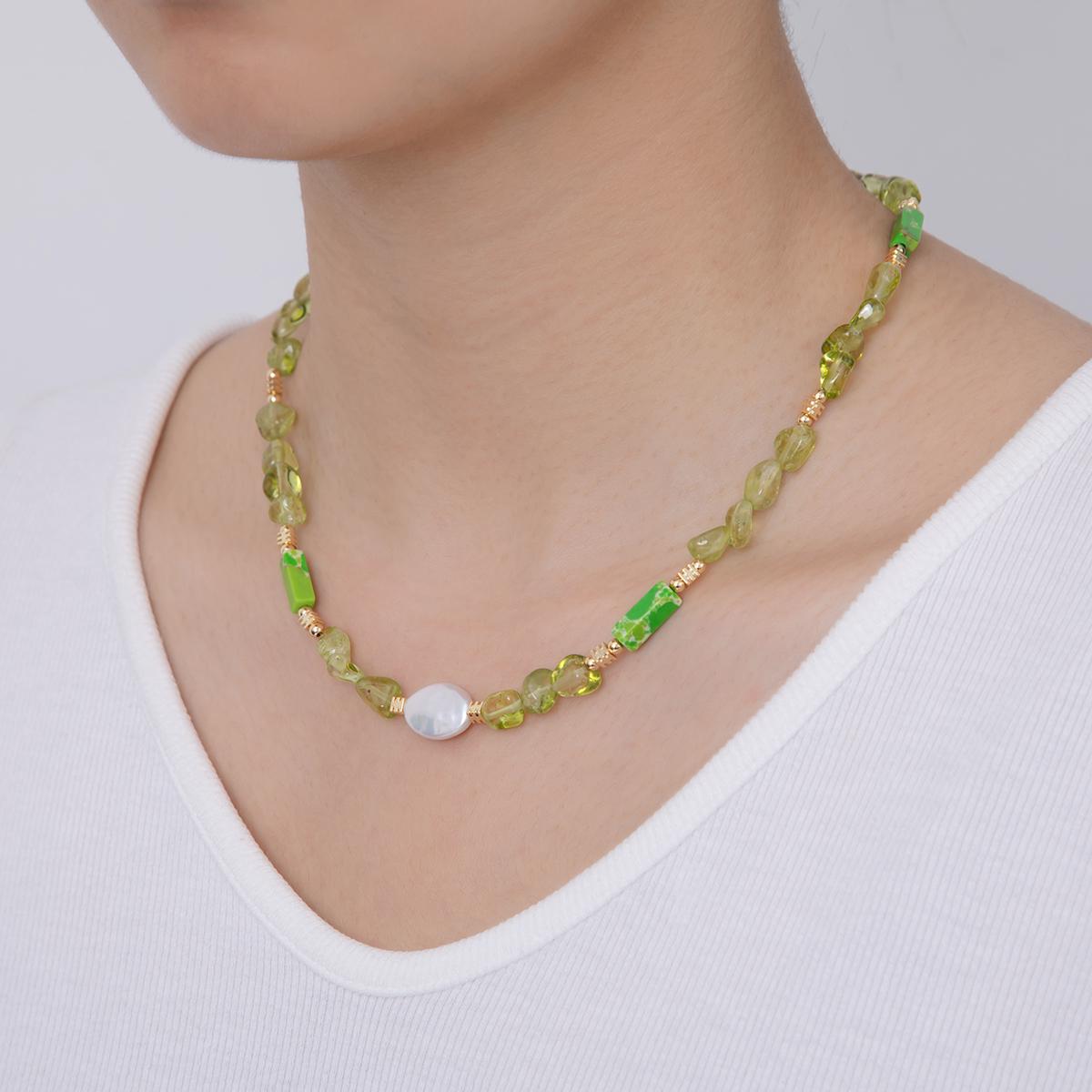16K Gold Filled Freshwater Pearl Peridot Green Gemstone 16 Inch Handmade Beaded Cluster Necklace | WA-3179