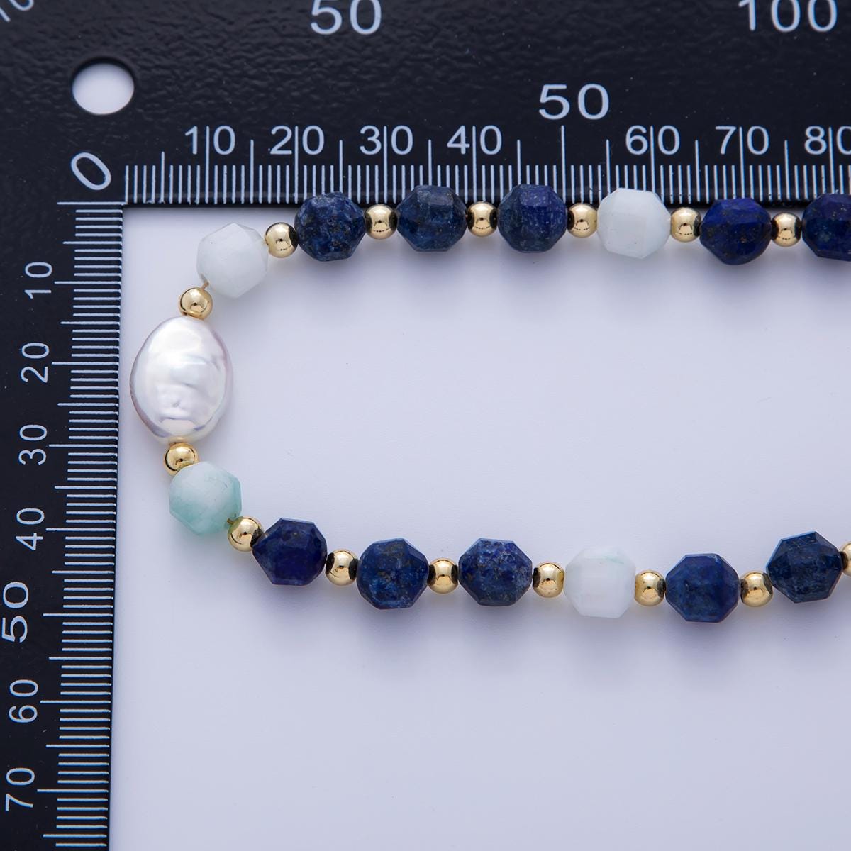 16K Gold Filled Freshwater Pearl Blue Lapis Lazuli Gemstone 16.5 Inch Handmade Beaded Cluster Necklace | WA-3178