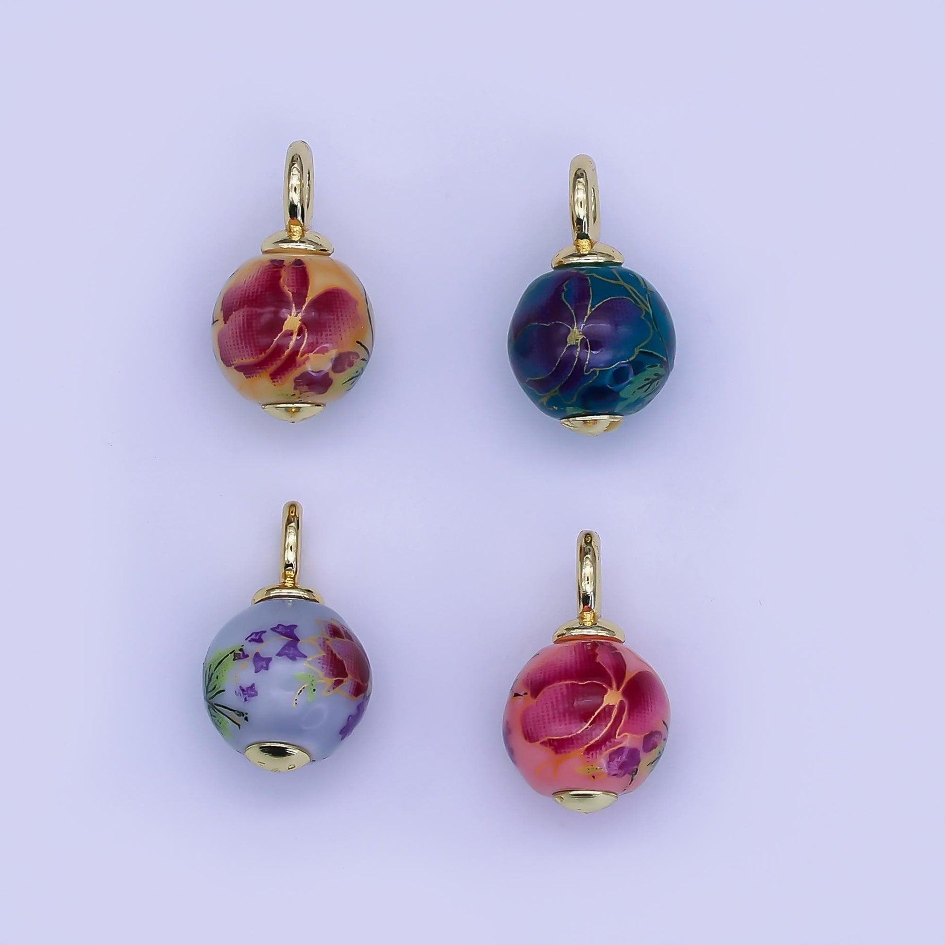 24K Gold Filled Dark Blue, Yellow, Light Blue, Pink Flower Round Ceramic Drop Pendant | C458 C478