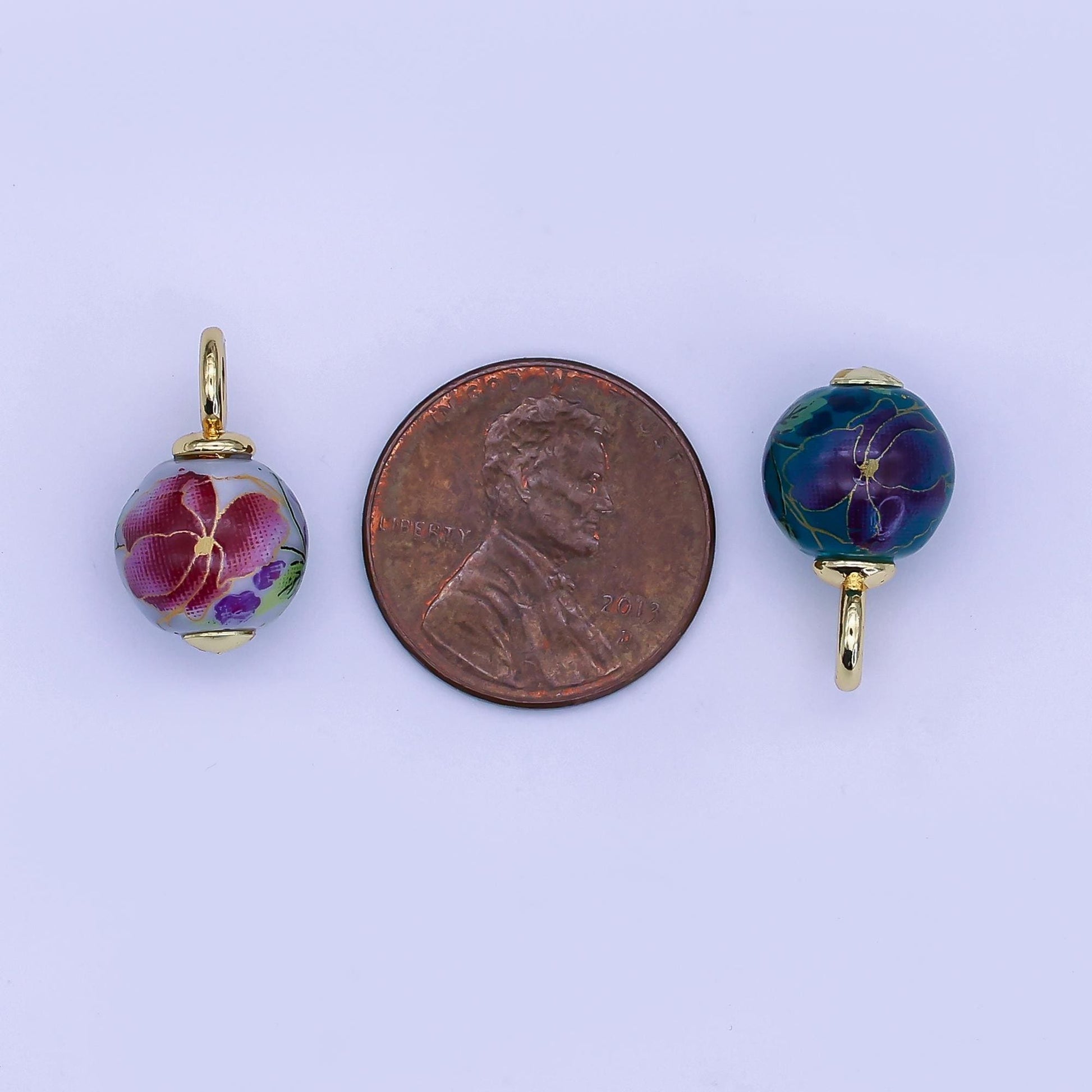 24K Gold Filled Dark Blue, Yellow, Light Blue, Pink Flower Round Ceramic Drop Pendant | C458 C478