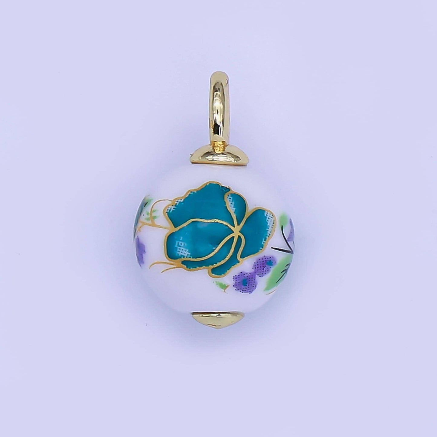 24K Gold Filled Blue Daisy Flower Round Ceramic Drop Pendant | C440