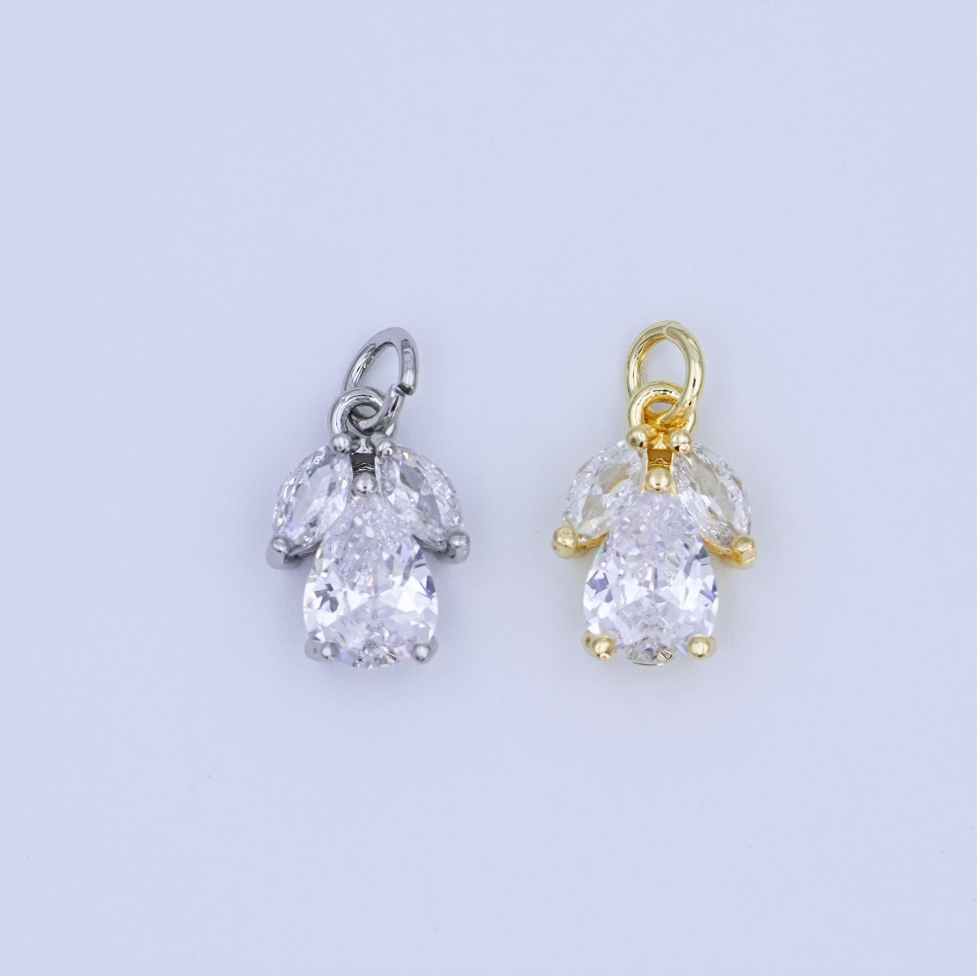 Angel Wing Teardrop CZ Charm 24K Gold Filled, Silver Dainty Cubic Pendant for Jewelry Making AF-479