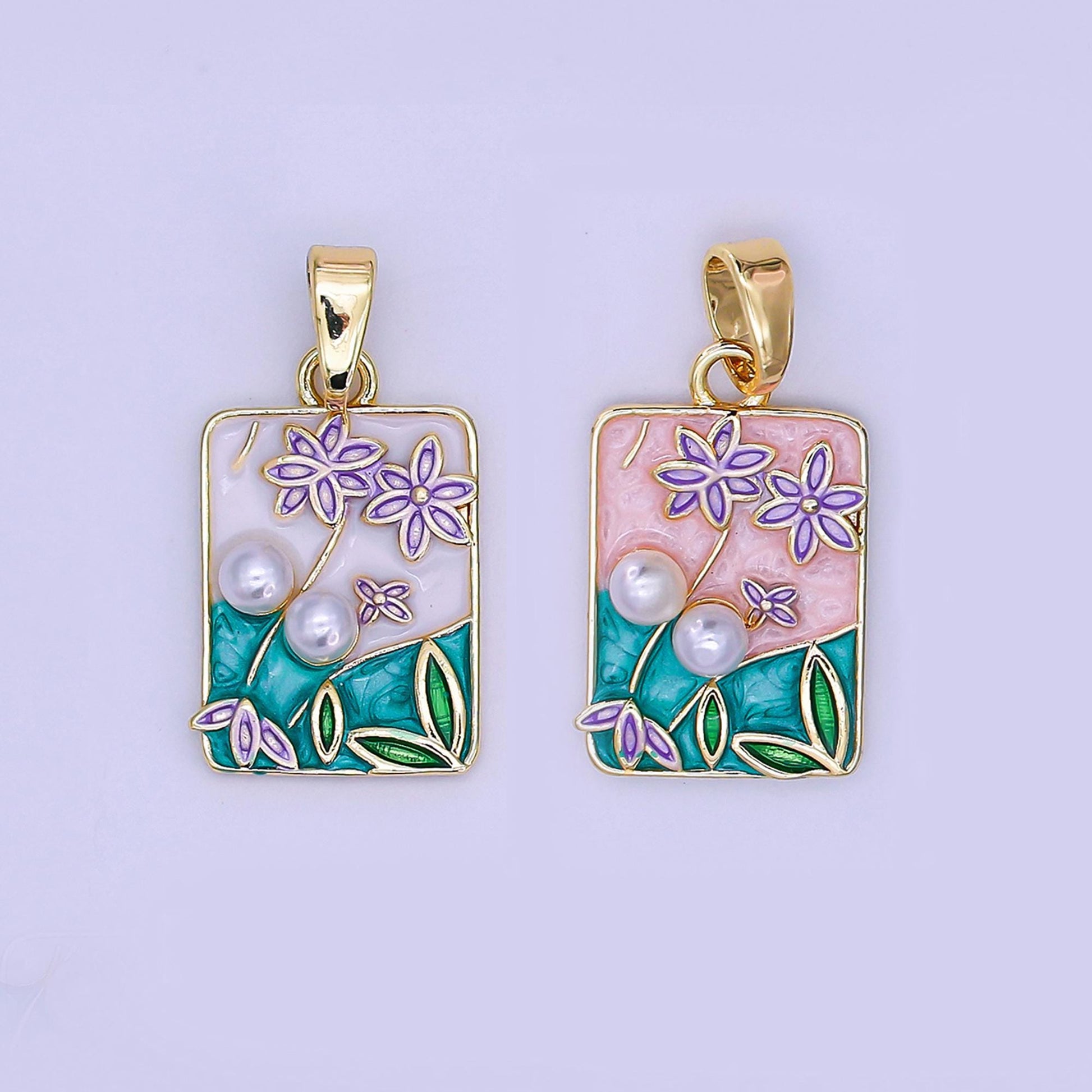 24K Gold Filled Shell Pearl White Flower Enamel Square Pendant | ah-491