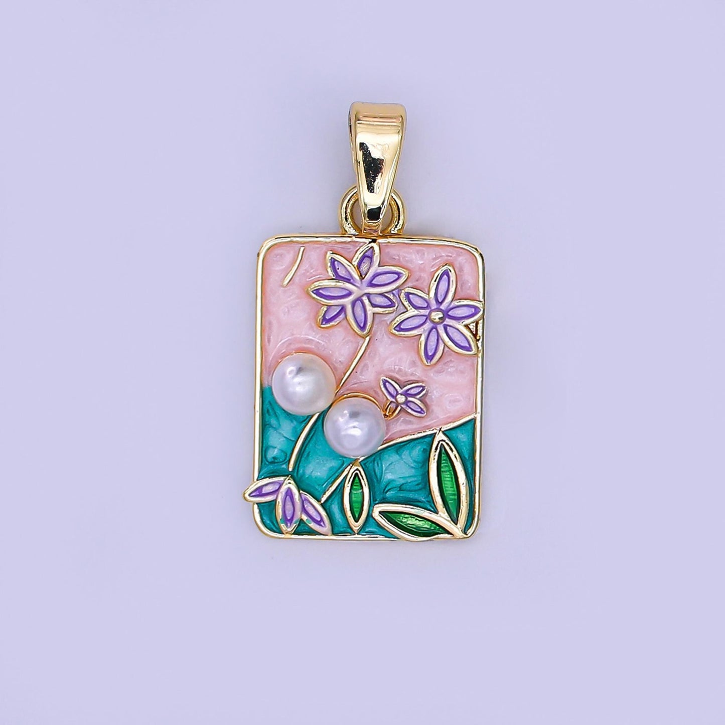 24K Gold Filled Shell Pearl White Flower Enamel Square Pendant | ah-491