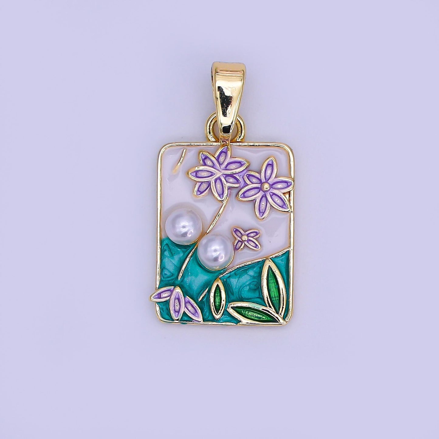 24K Gold Filled Shell Pearl White Flower Enamel Square Pendant | ah-491