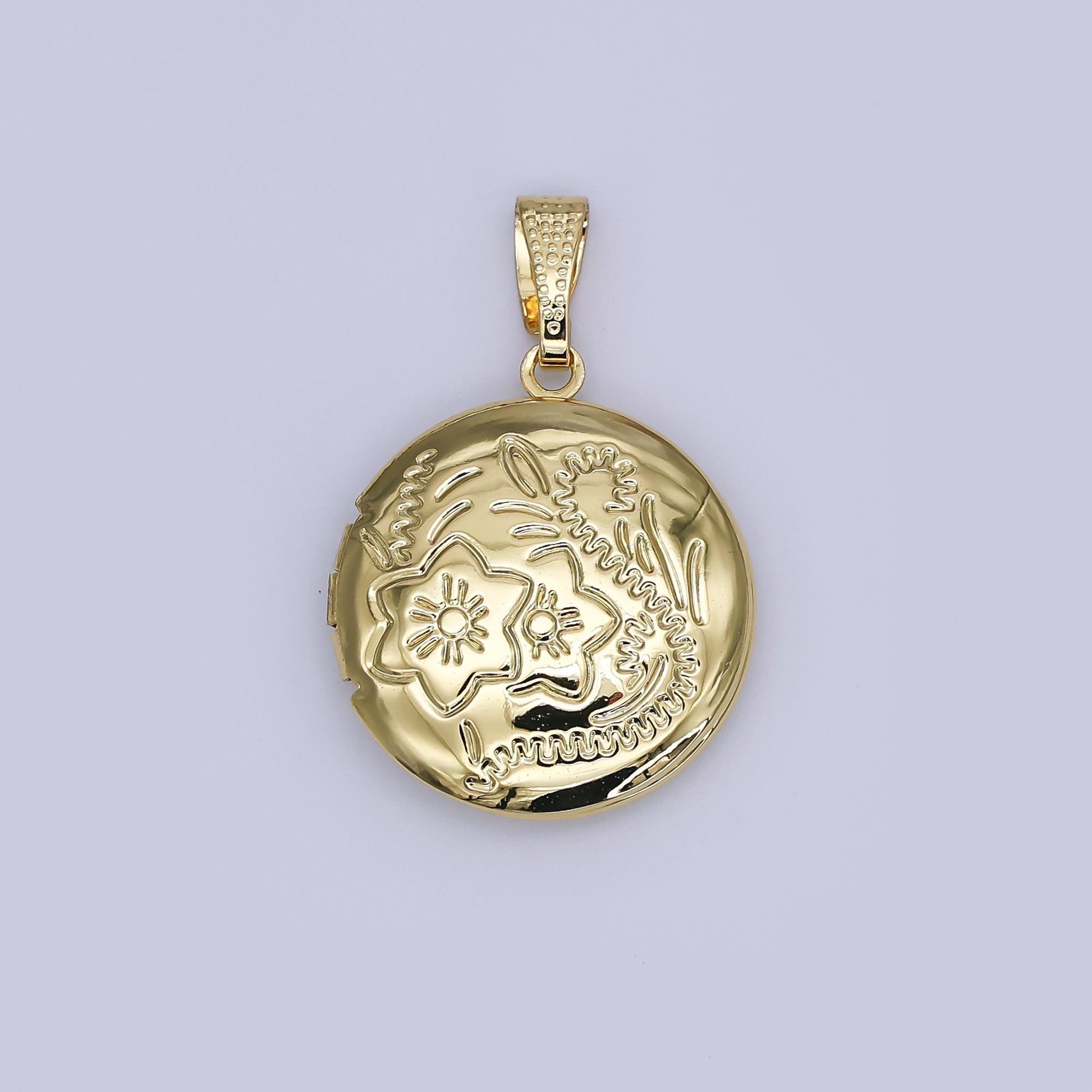 14k gold filled engraved Round floral flower locket pendant in gold AH-485