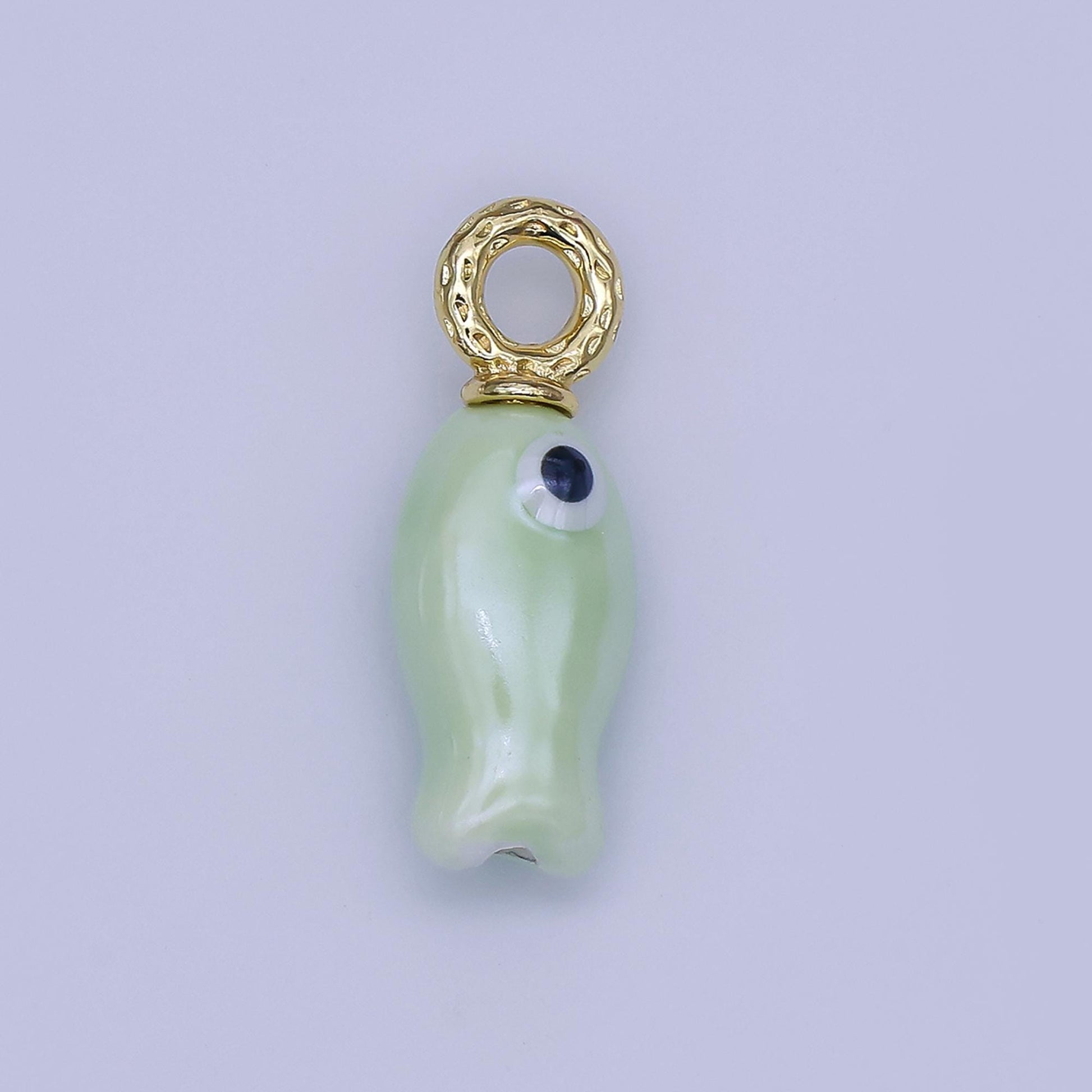 24K Gold Filled Green Fish Ocean Sea Beach Animal Ceramic Drop Pendant | AF-487
