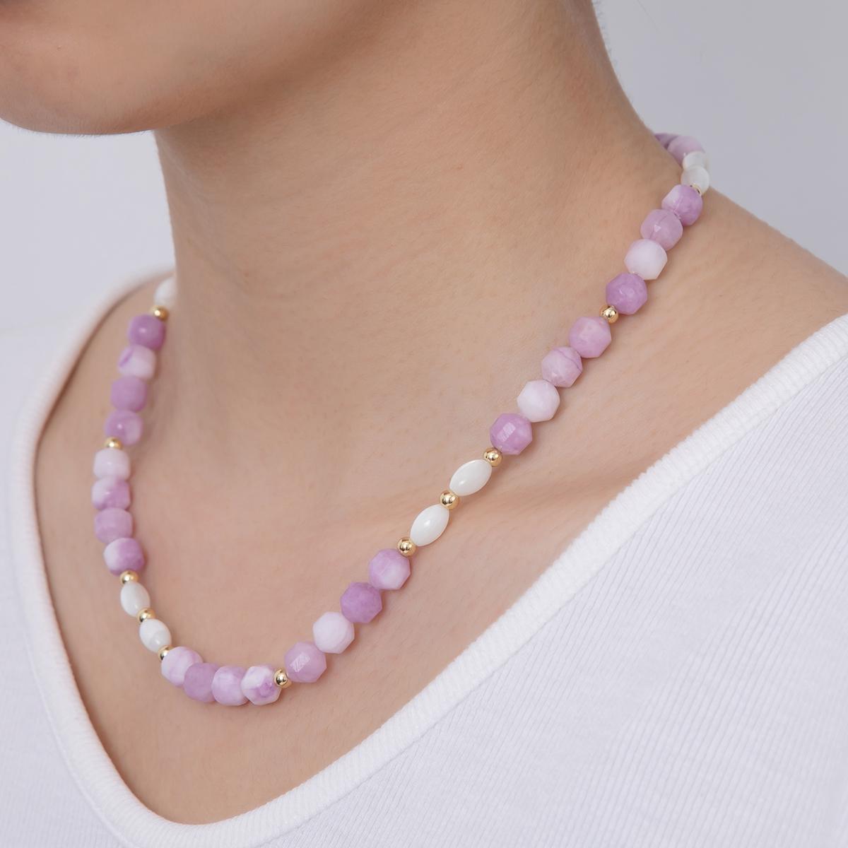 Handmade Lavender Stone Beads 18K Gold Filled Shell Pearl Gemstone Cluster Beaded Necklace | WA-092