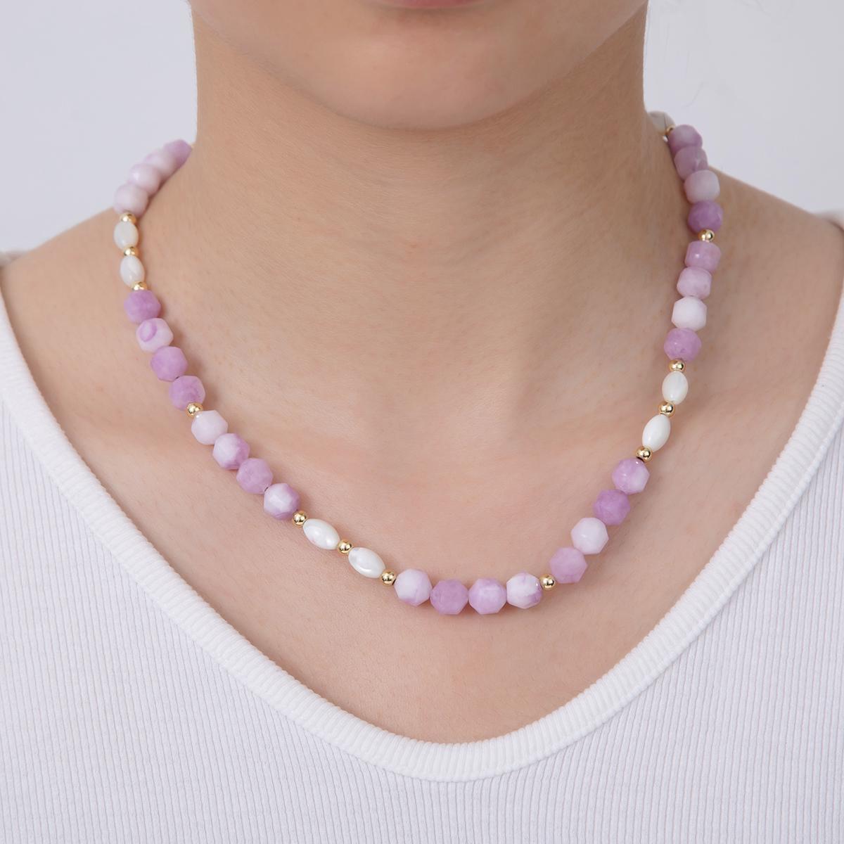 Handmade Lavender Stone Beads 18K Gold Filled Shell Pearl Gemstone Cluster Beaded Necklace | WA-092