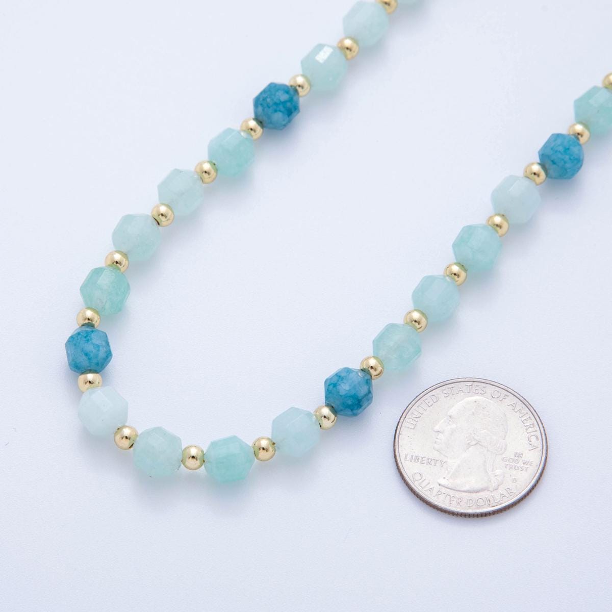Handcrafted Aqua Blue Stone Beads 18K Gold Filled Shell Pearl Gemstone Cluster Beaded Necklace 17.72 Inch long | WA-332