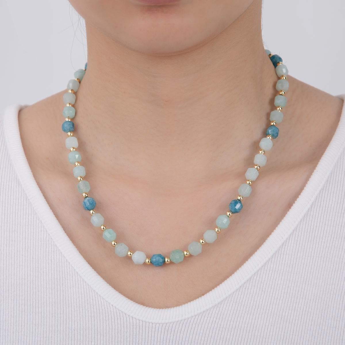 Handcrafted Aqua Blue Stone Beads 18K Gold Filled Shell Pearl Gemstone Cluster Beaded Necklace 17.72 Inch long | WA-332