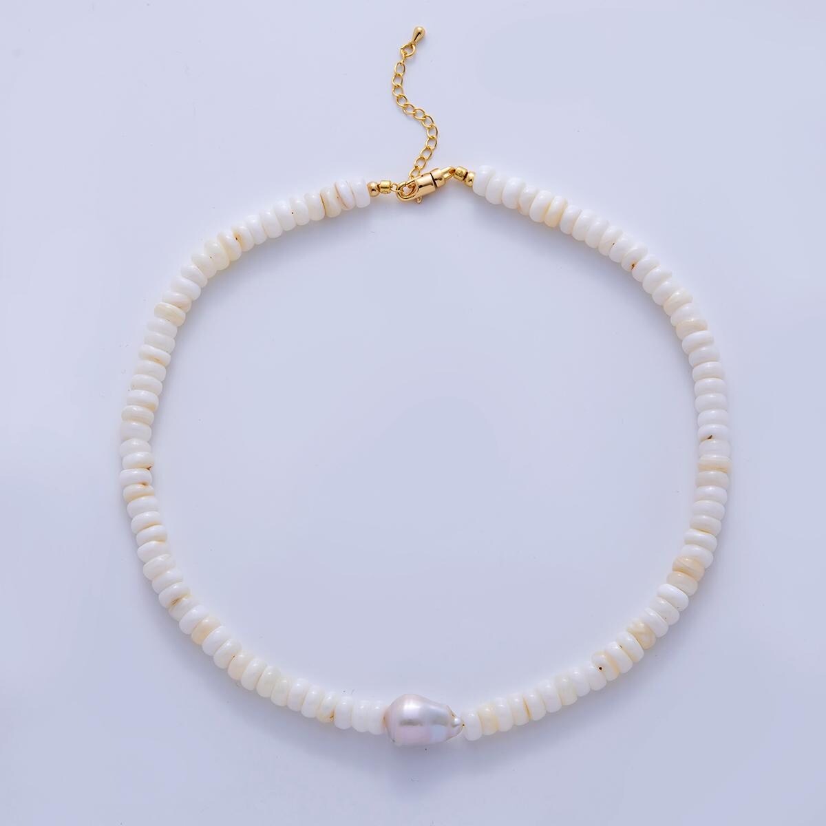 Handmade White Shell Pearl Necklace Chip Rondelle Smooth w/ Freeform Nugget Beaded Cluster Necklace Summer Beach Jewelry | WA-1228
