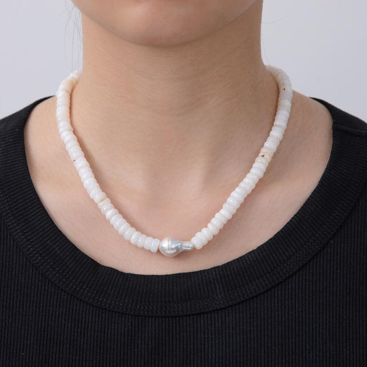 Handmade White Shell Pearl Necklace Chip Rondelle Smooth w/ Freeform Nugget Beaded Cluster Necklace Summer Beach Jewelry | WA-1228