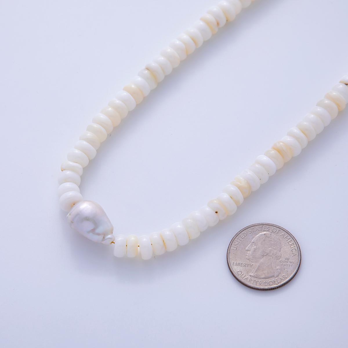 Handmade White Shell Pearl Necklace Chip Rondelle Smooth w/ Freeform Nugget Beaded Cluster Necklace Summer Beach Jewelry | WA-1228
