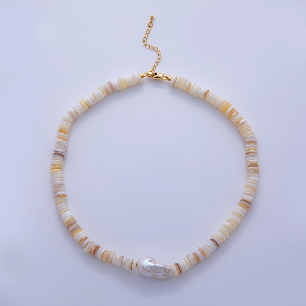 Handmade Brown Shell Pearl Necklace Rondelle Smooth w/ Freeform Nugget Beaded Cluster Necklace Summer Beach Jewelry | WA-1260