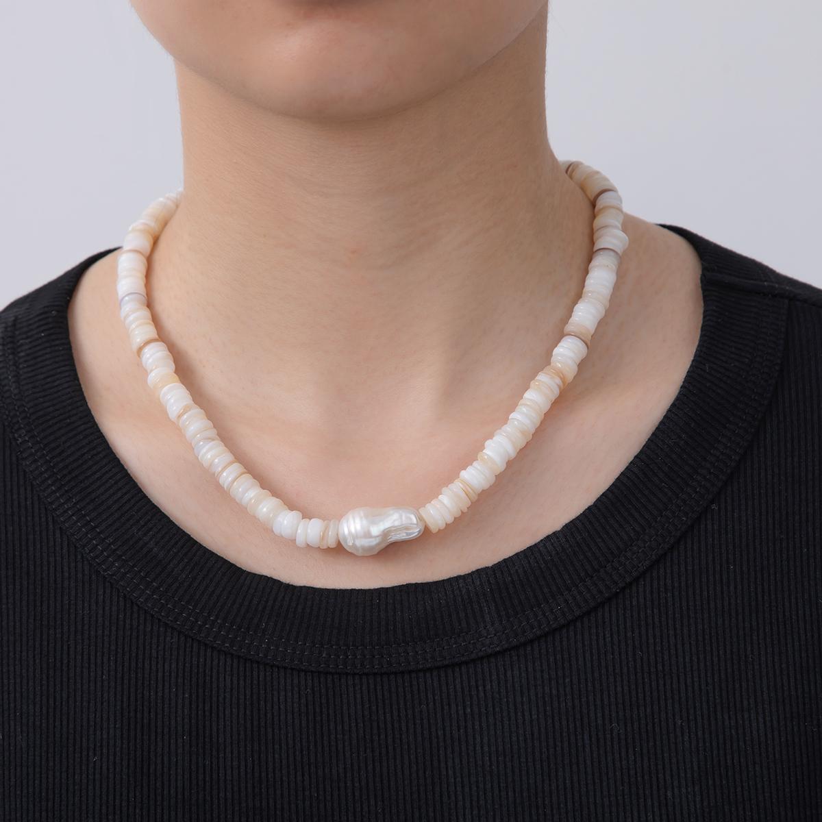 Handmade Brown Shell Pearl Necklace Rondelle Smooth w/ Freeform Nugget Beaded Cluster Necklace Summer Beach Jewelry | WA-1260