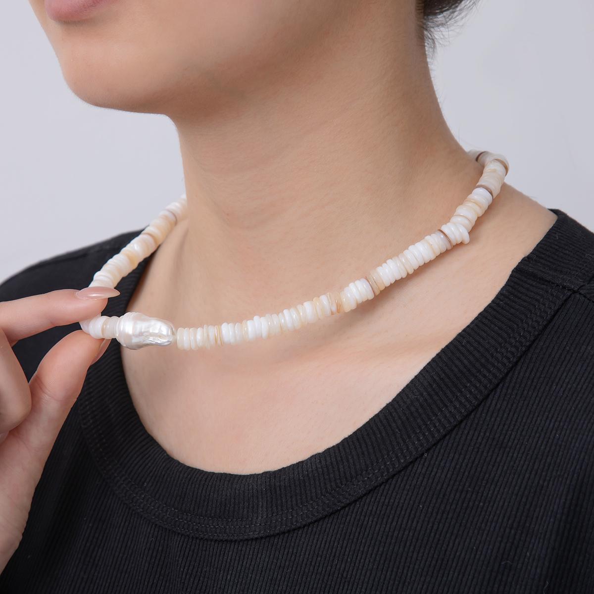 Handmade Brown Shell Pearl Necklace Rondelle Smooth w/ Freeform Nugget Beaded Cluster Necklace Summer Beach Jewelry | WA-1260