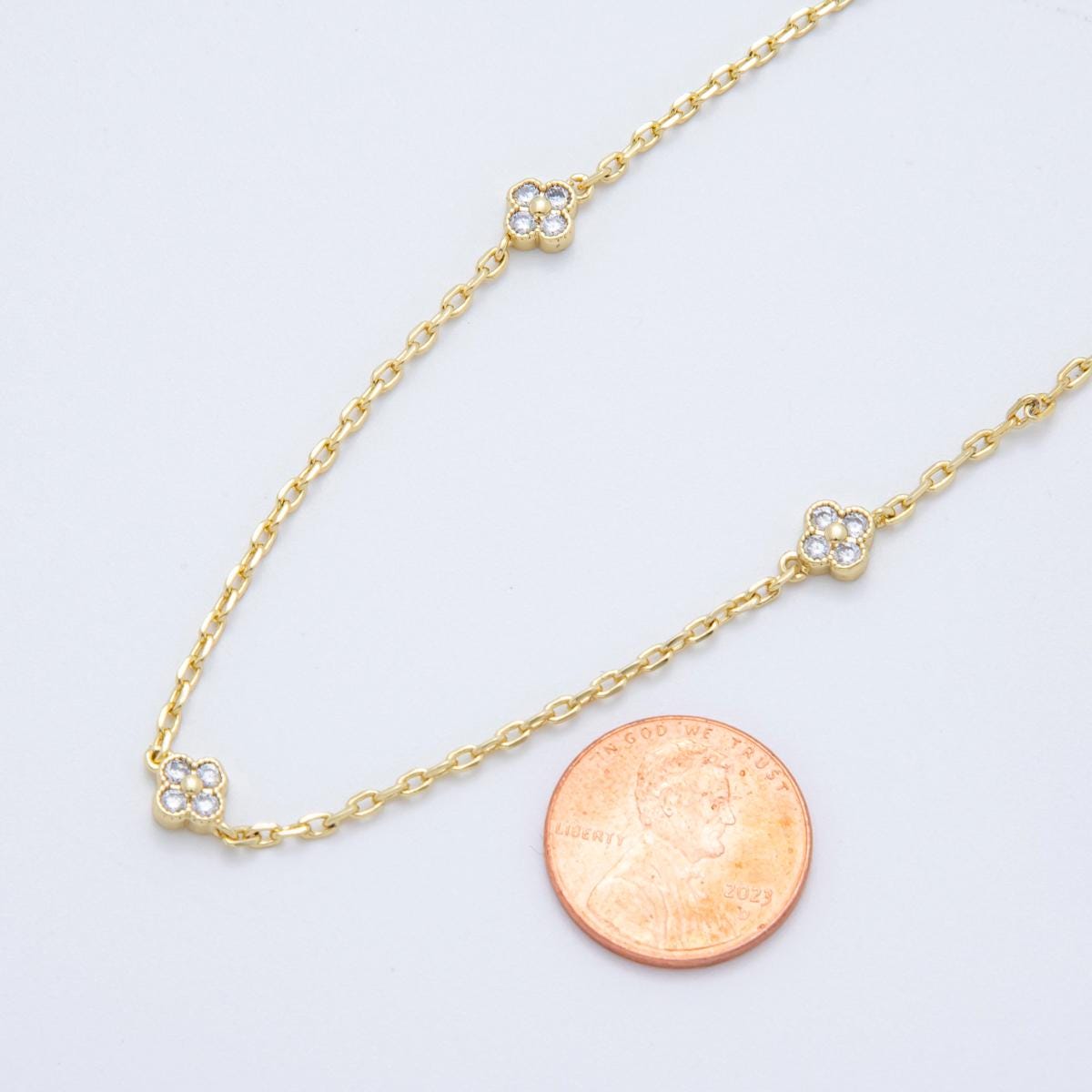 24K Gold fill Dainty Clear CZ Four-Leaf Lucky Clover Chain by Yard Wholesale Gold Chain Clover Bezel Cut Chain for Jewelry Making | ROLL1617