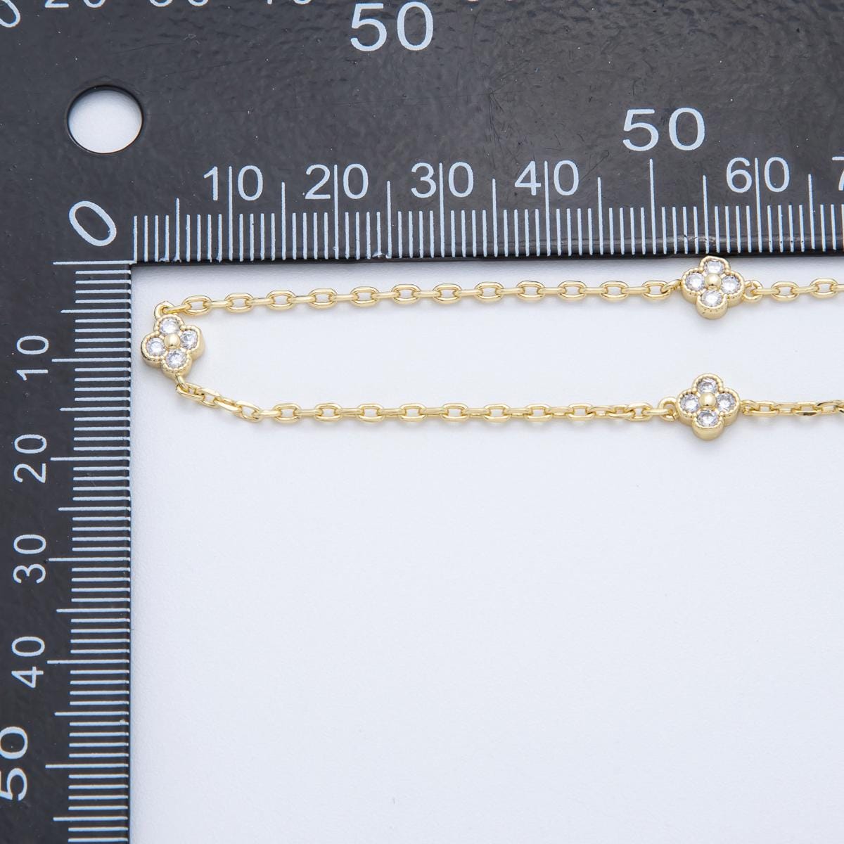 24K Gold fill Dainty Clear CZ Four-Leaf Lucky Clover Chain by Yard Wholesale Gold Chain Clover Bezel Cut Chain for Jewelry Making | ROLL1617