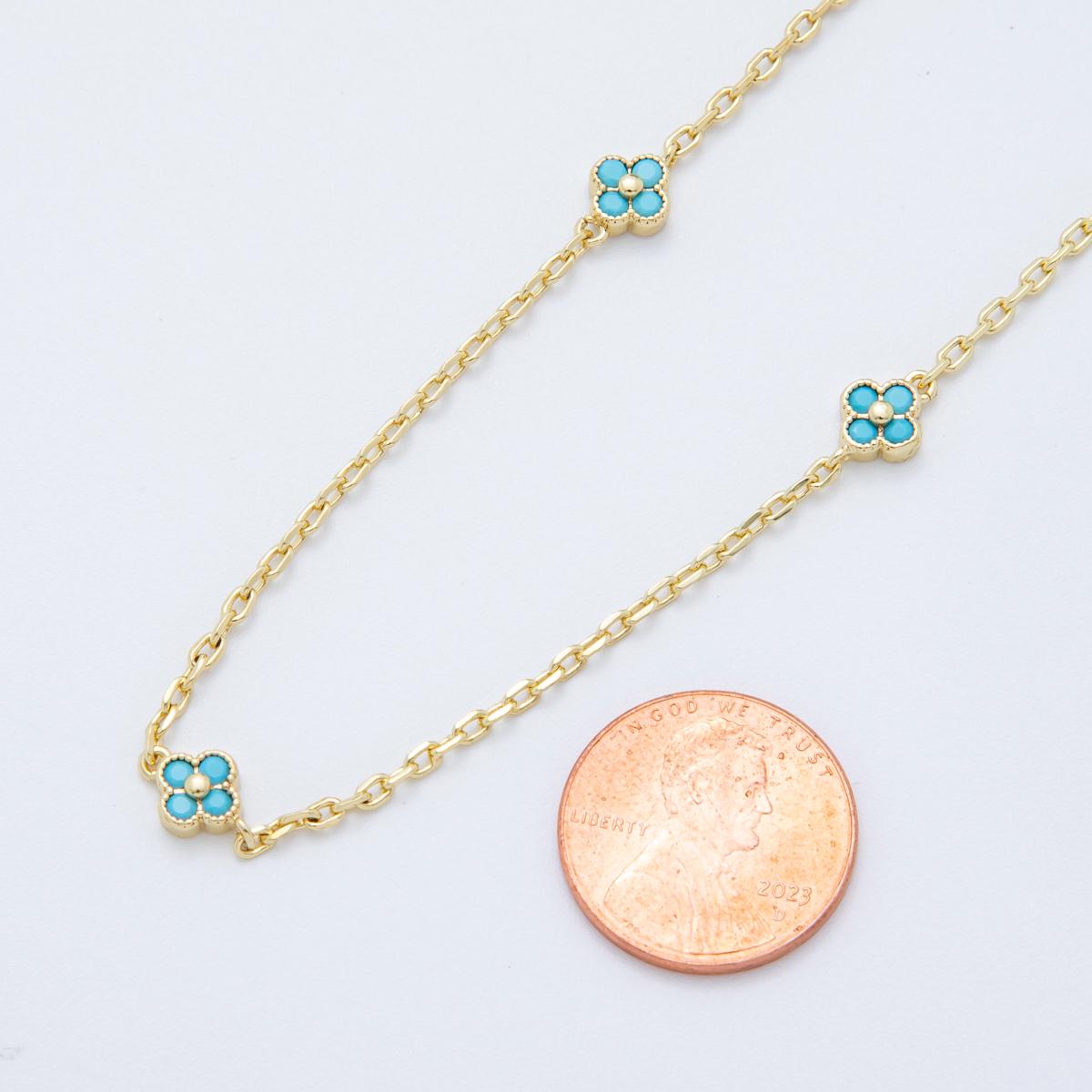 24K Gold fill Dainty Teal CZ Four-Leaf Lucky Clover Chain by Yard Wholesale Gold Chain Clover Bezel Cut Chain for Jewelry Making | ROLL1617
