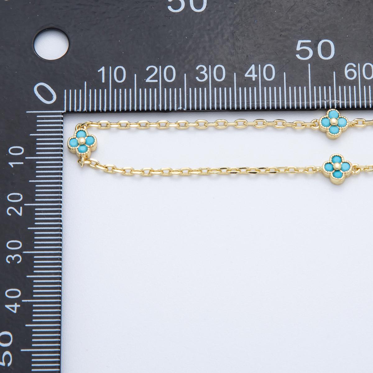 24K Gold fill Dainty Teal CZ Four-Leaf Lucky Clover Chain by Yard Wholesale Gold Chain Clover Bezel Cut Chain for Jewelry Making | ROLL1617