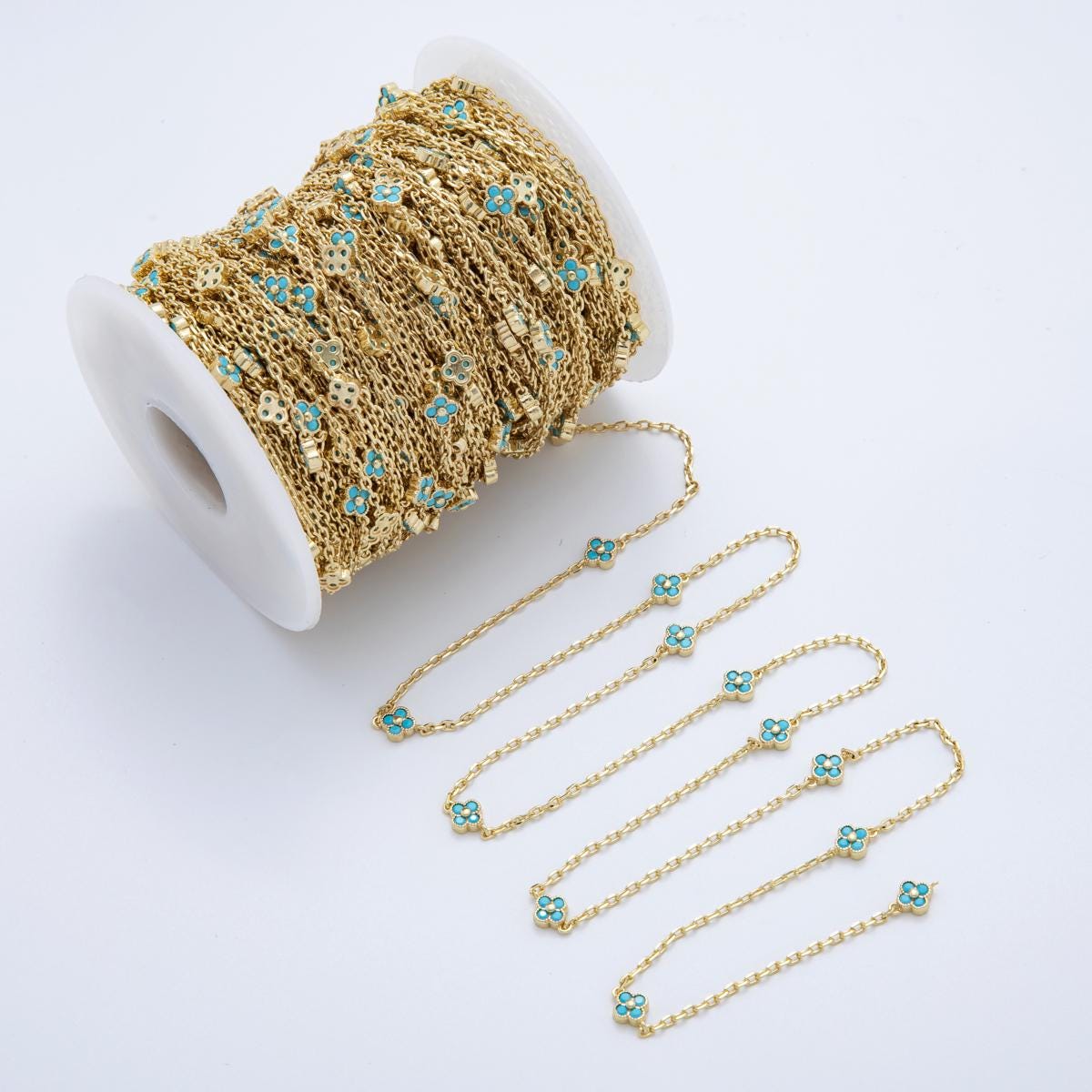 24K Gold fill Dainty Teal CZ Four-Leaf Lucky Clover Chain by Yard Wholesale Gold Chain Clover Bezel Cut Chain for Jewelry Making | ROLL1617