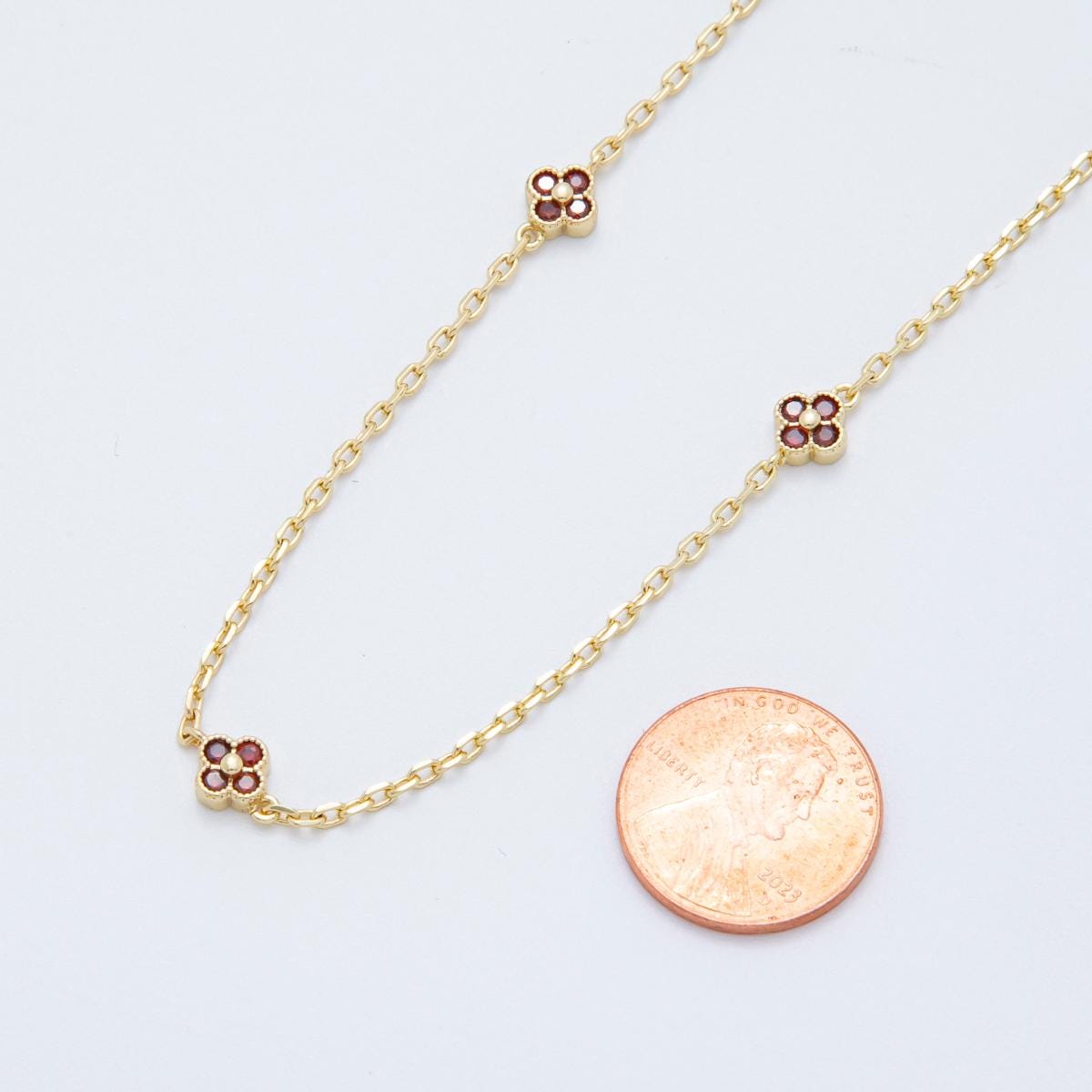 24K Gold fill Dainty red CZ Four-Leaf Lucky Clover Chain by Yard Wholesale Gold Chain Clover Bezel Cut Chain for Jewelry Making | ROLL1619