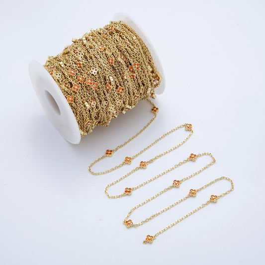 24K Gold fill Dainty Orange CZ Four Leaf Lucky Clover Chain by Yard Wholesale Gold Chain Clover Cable Chain for Jewelry Making | ROLL1621