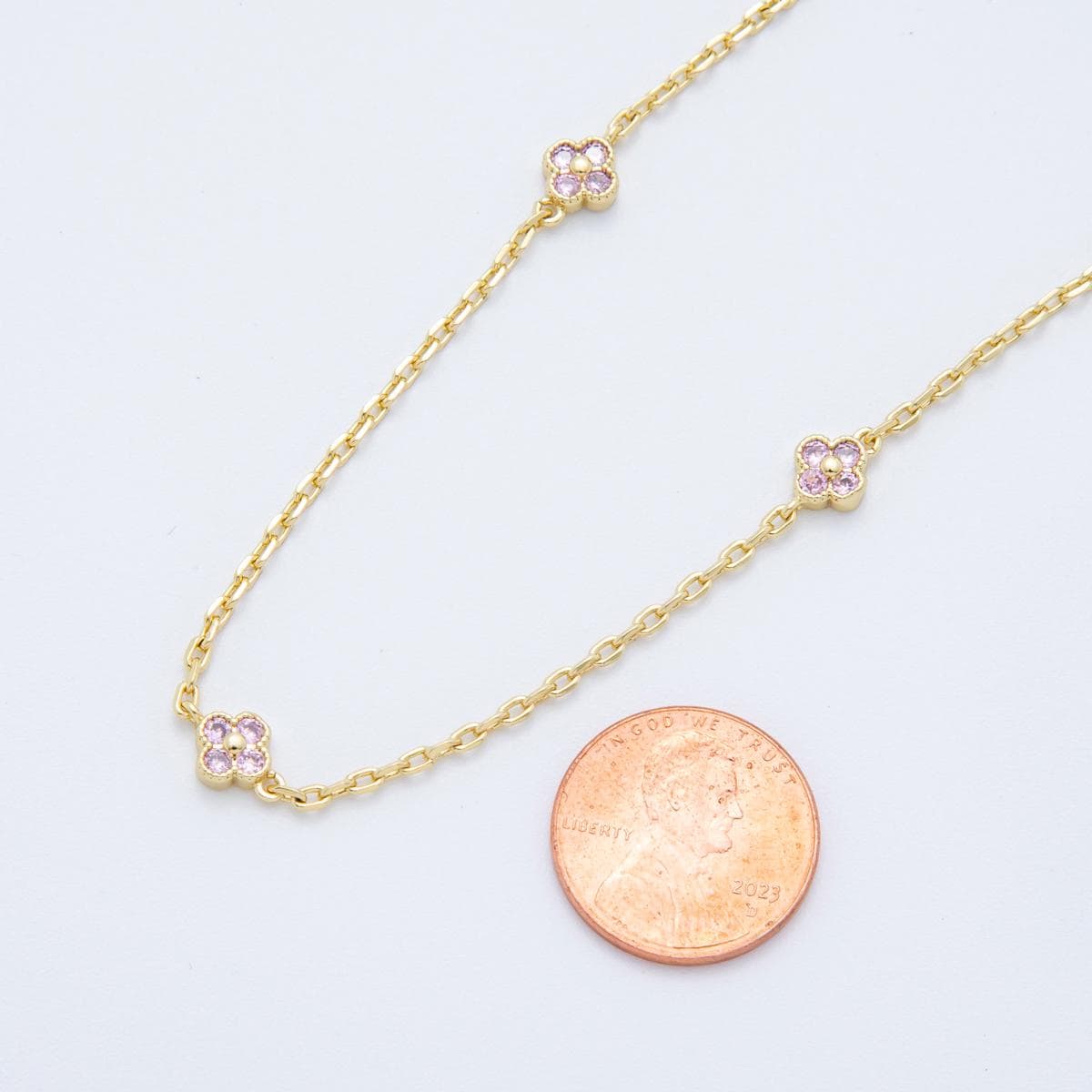 24K Gold fill Dainty PINK CZ Four Leaf Lucky Clover Chain by Yard Wholesale Gold Chain Clover Cable Chain for Jewelry Making | ROLL1622